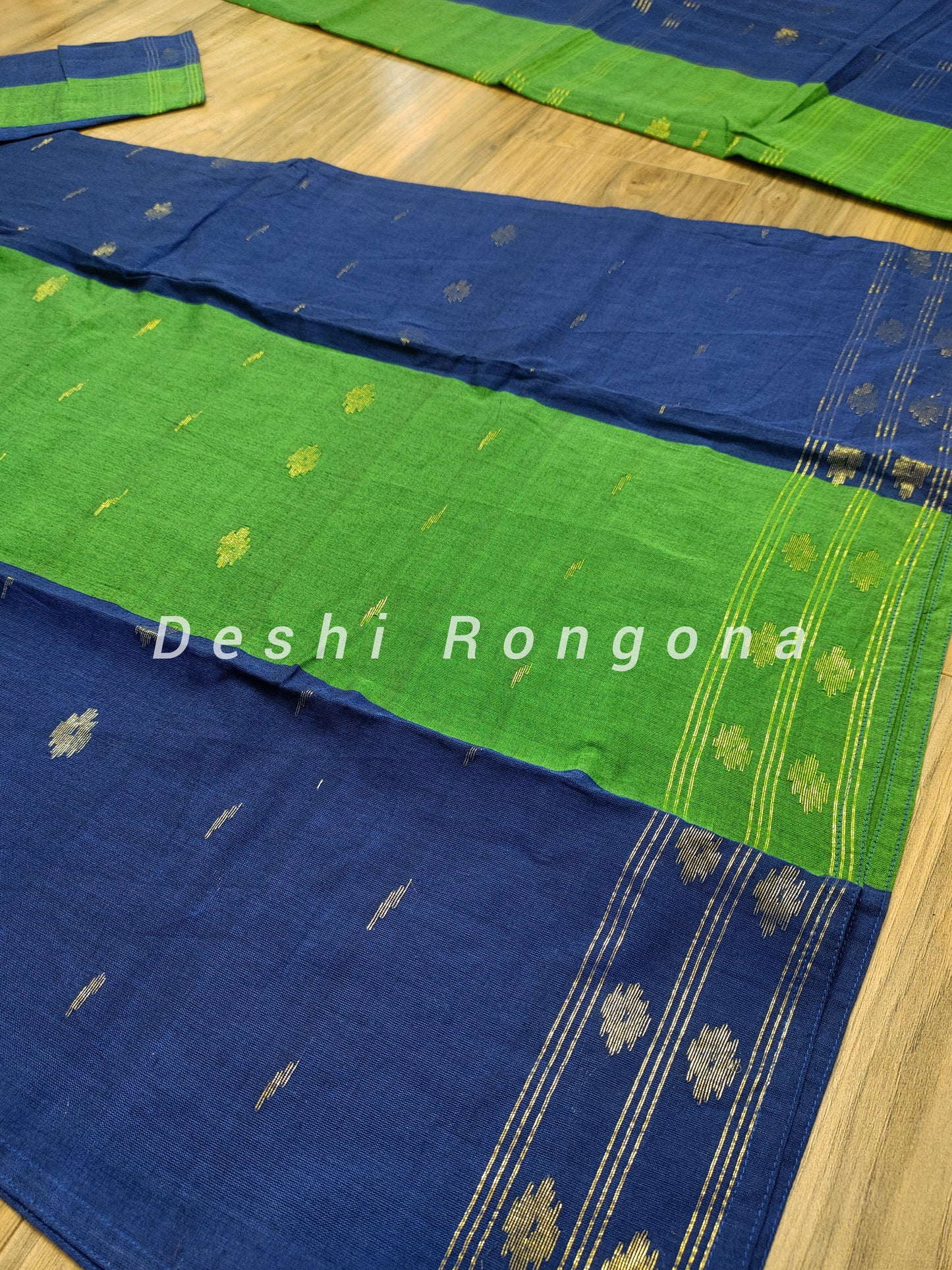 Dhakai Jamdani Handwoven Cotton 3 pc Oversized Dress, Navy Blue and Green Contrast with Golden Zari thread Work