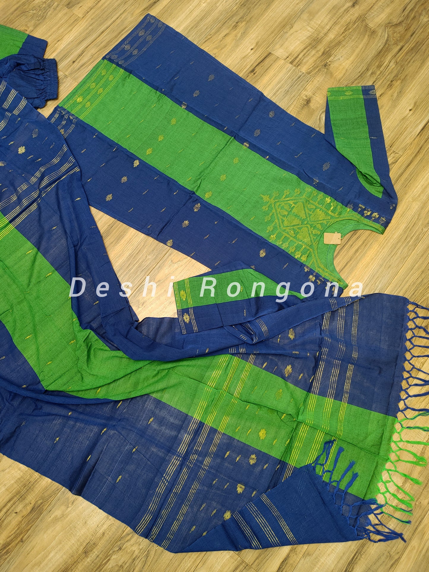 Dhakai Jamdani Handwoven Cotton 3 pc Oversized Dress, Navy Blue and Green Contrast with Golden Zari thread Work
