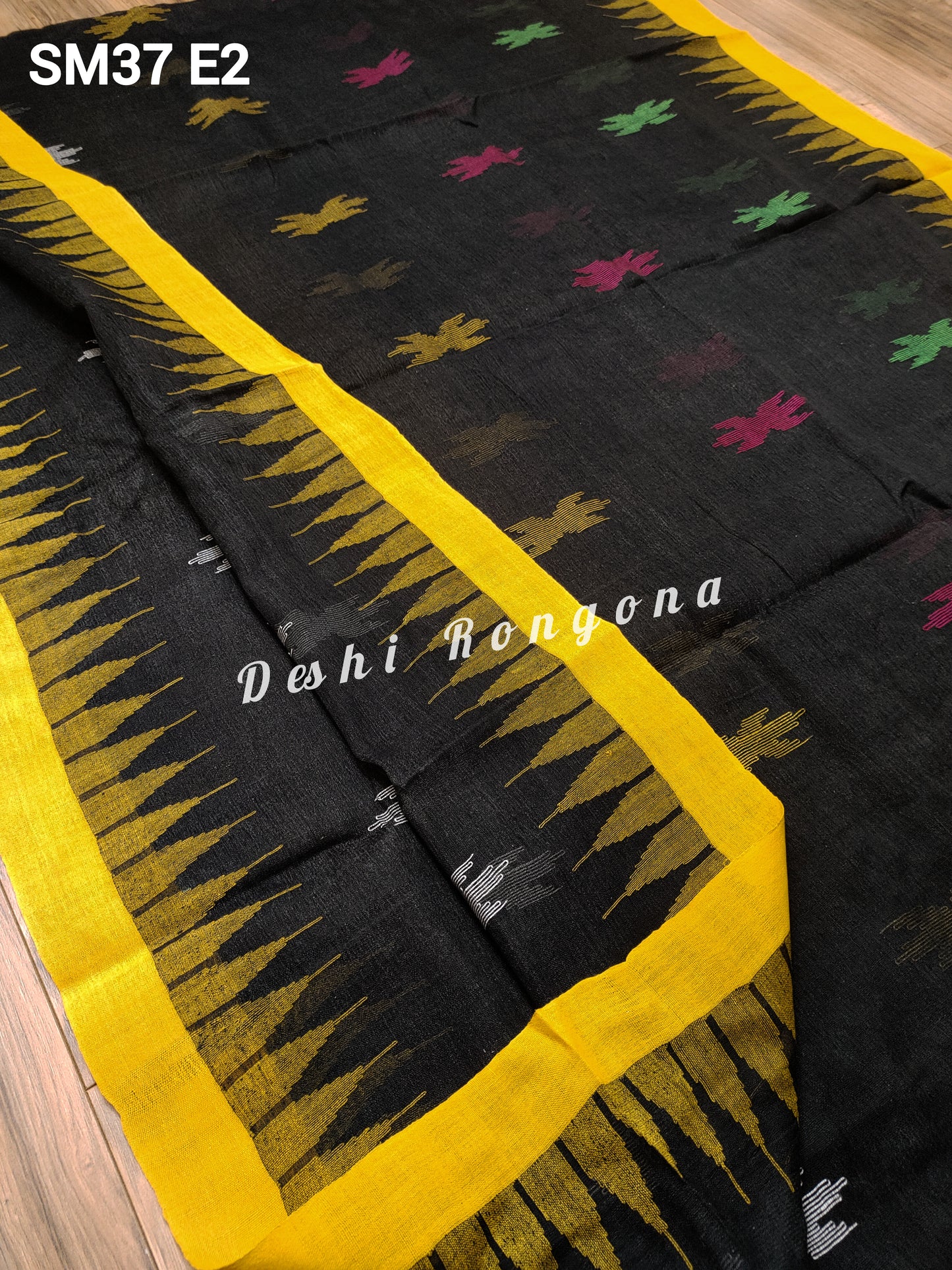 Sylheti Monipuri Handwoven Cotton Saree – Black & Yellow