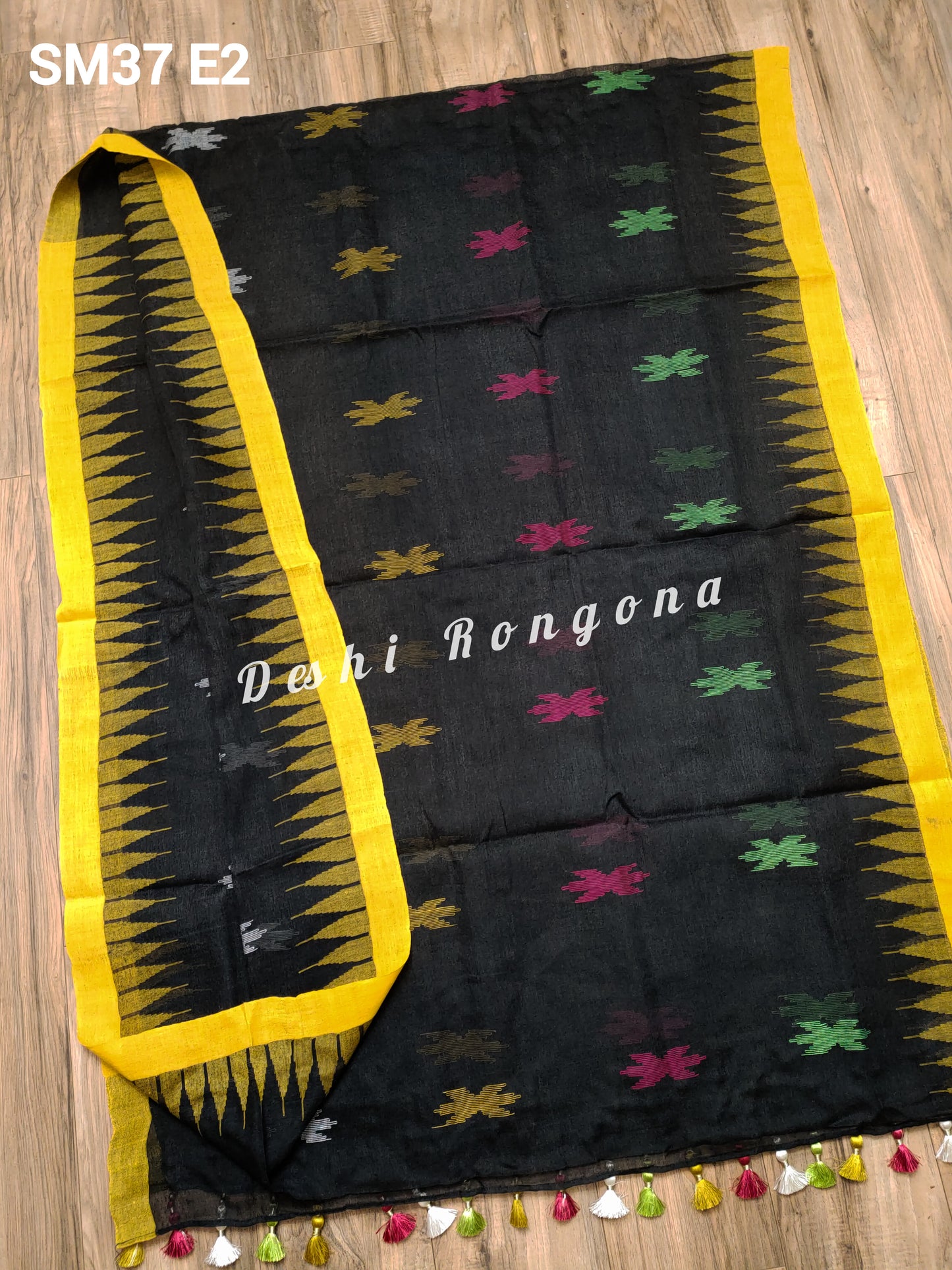 Sylheti Monipuri Handwoven Cotton Saree – Black & Yellow