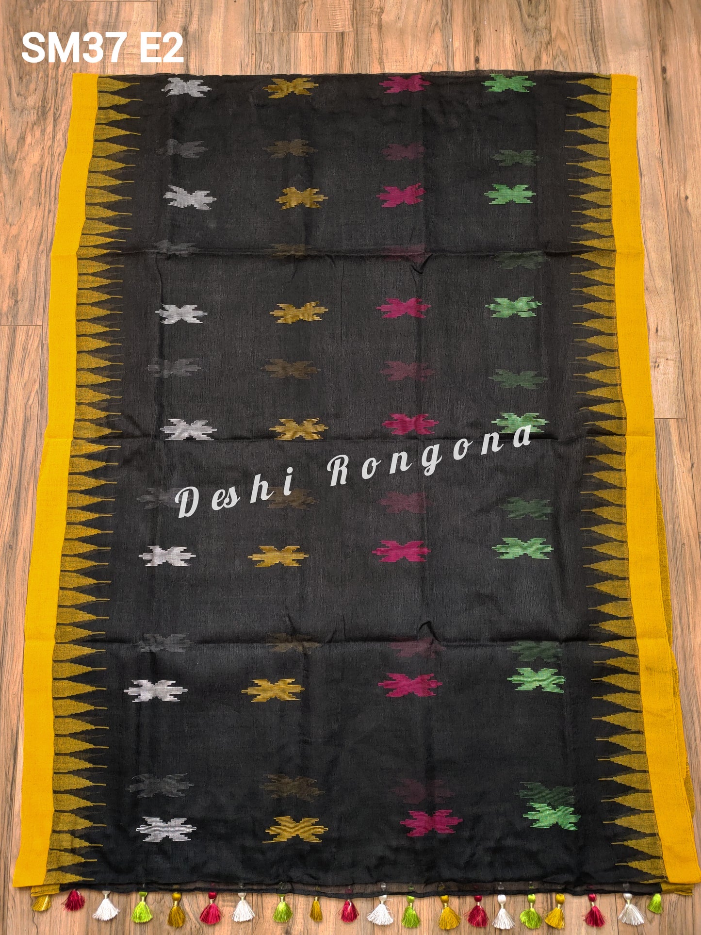 Sylheti Monipuri Handwoven Cotton Saree – Black & Yellow