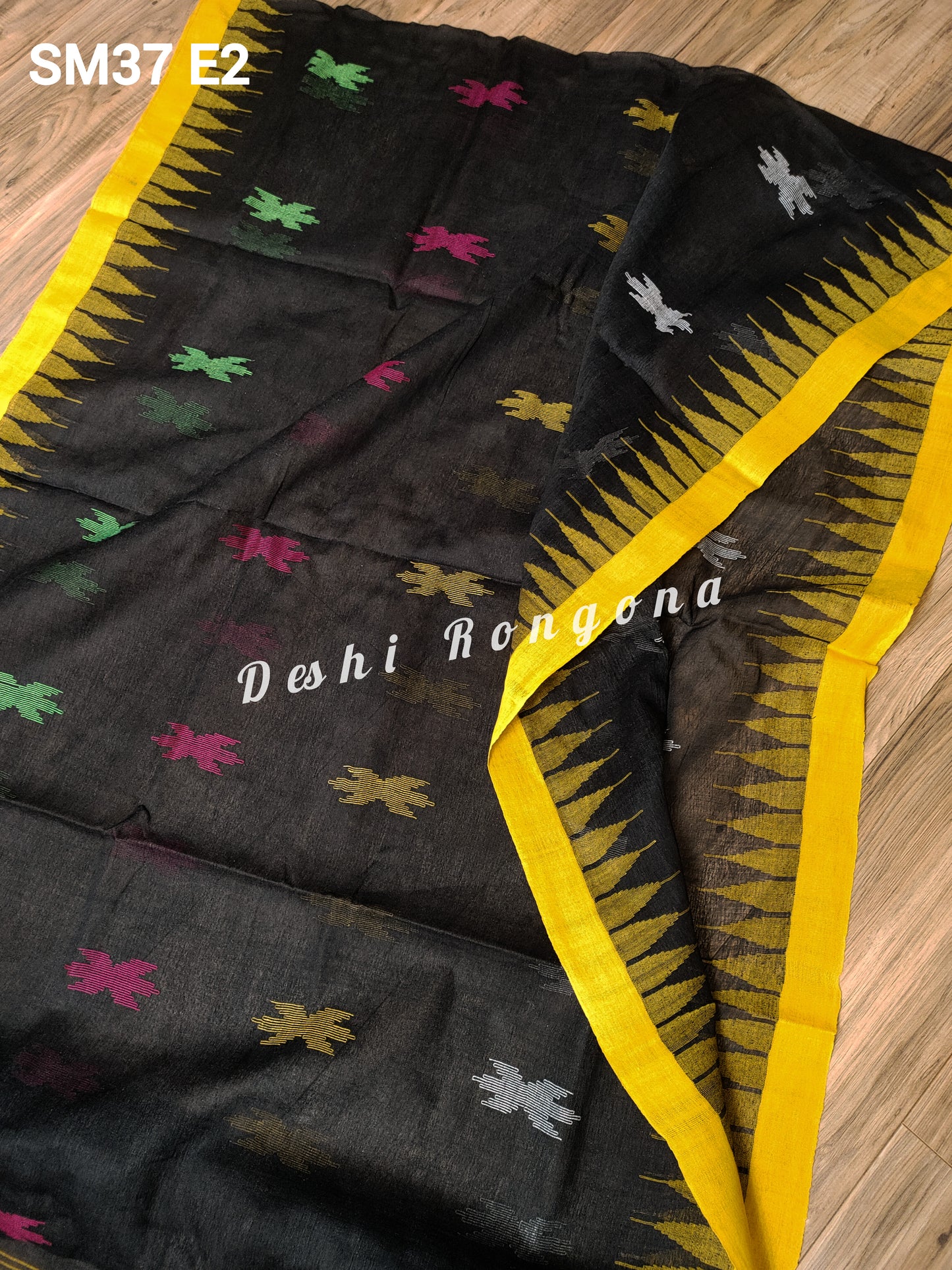 Sylheti Monipuri Handwoven Cotton Saree – Black & Yellow