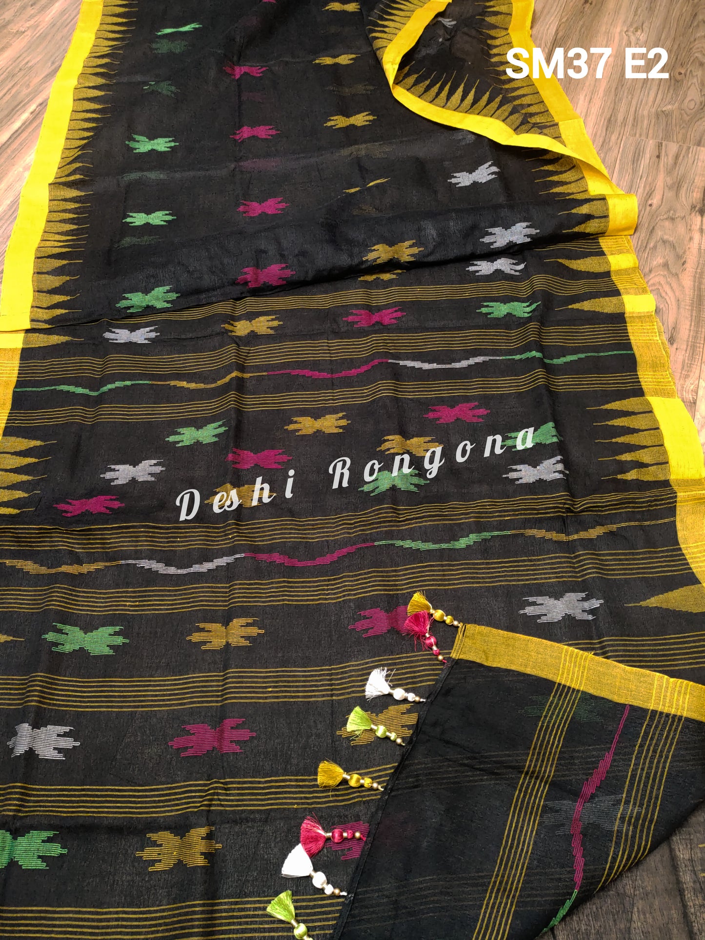 Sylheti Monipuri Handwoven Cotton Saree – Black & Yellow
