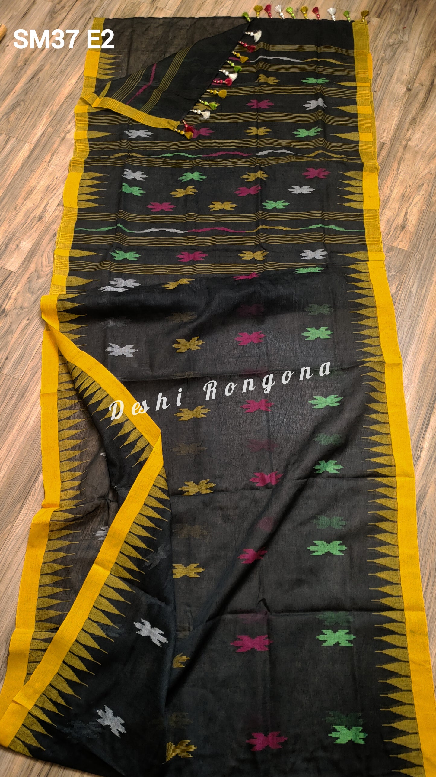 Sylheti Monipuri Handwoven Cotton Saree – Black & Yellow