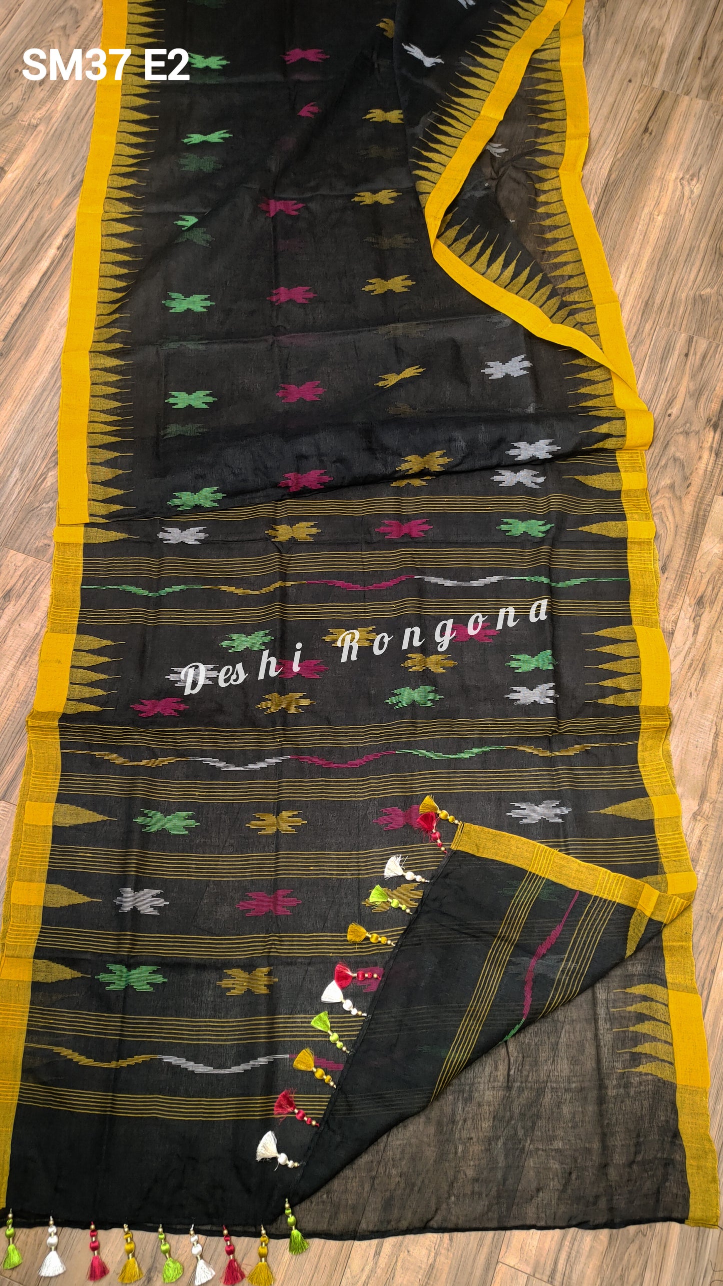 Sylheti Monipuri Handwoven Cotton Saree – Black & Yellow