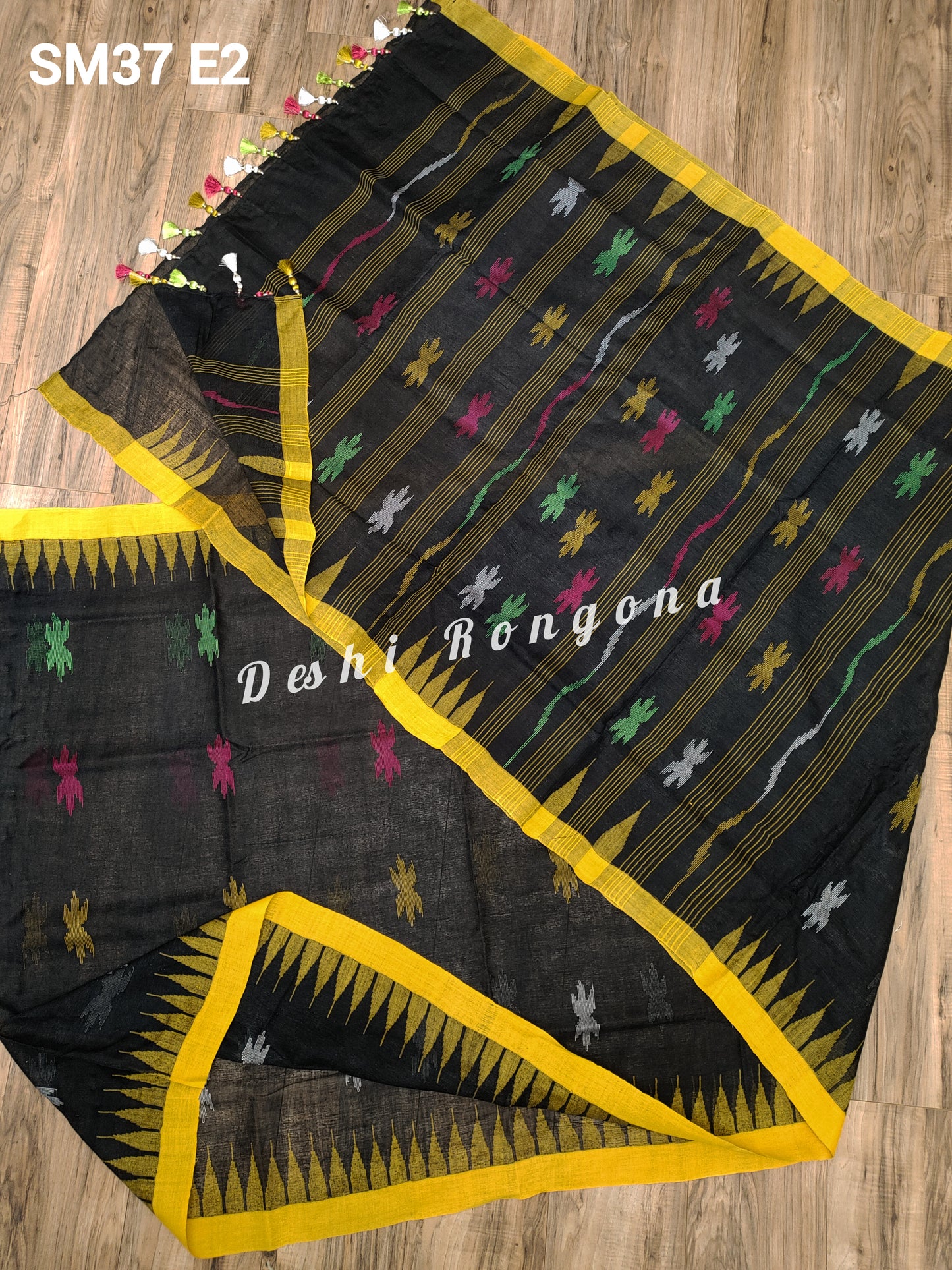 Sylhety Monipuri Handwoven Cotton Black Saree with Yellow Temple Border