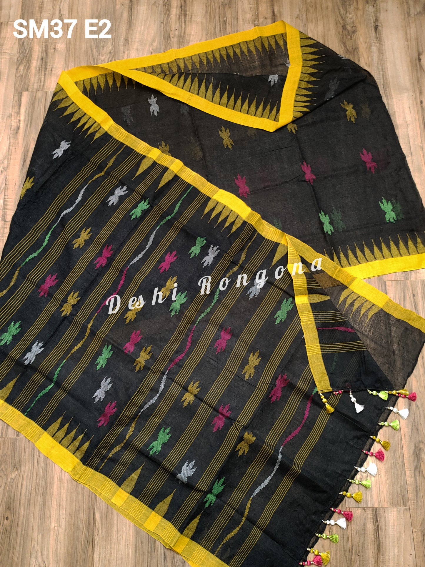 Sylheti Monipuri Handwoven Cotton Saree – Black & Yellow