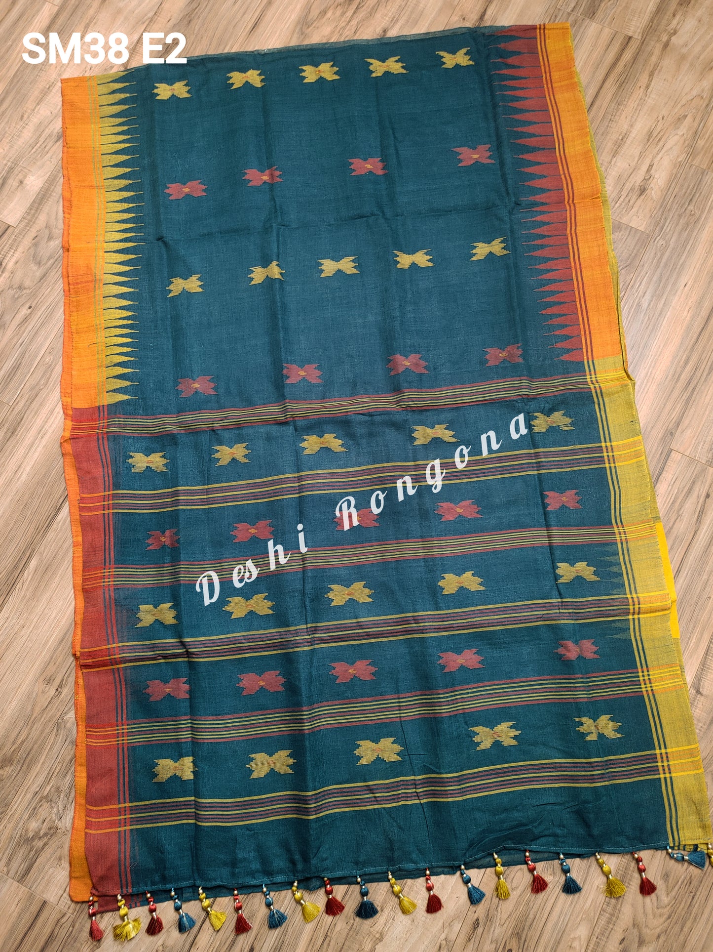 Sylheti Monipuri Handwoven Sea Green Saree with Border