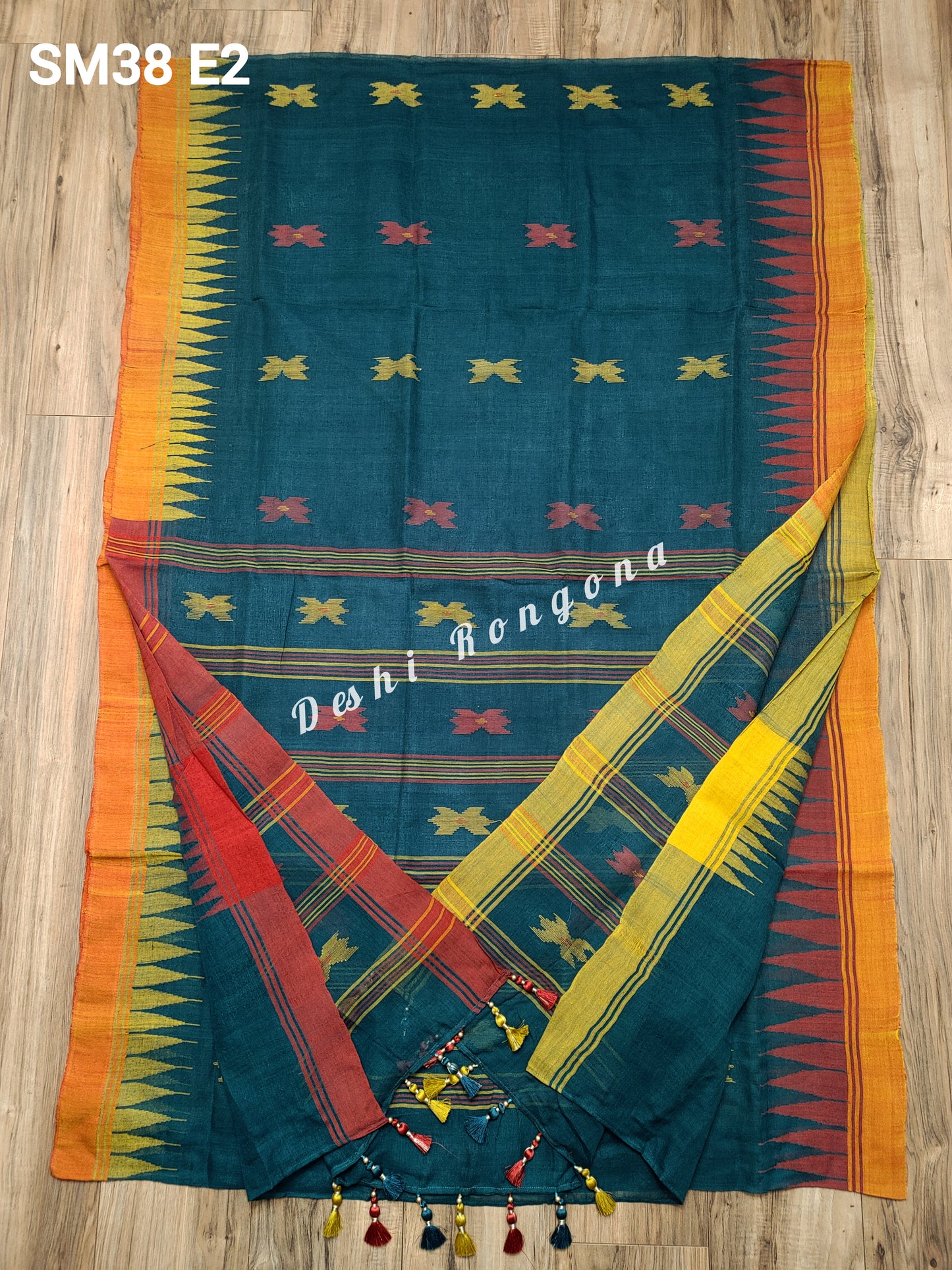 Sylheti Monipuri Handwoven Sea Green Saree with Border