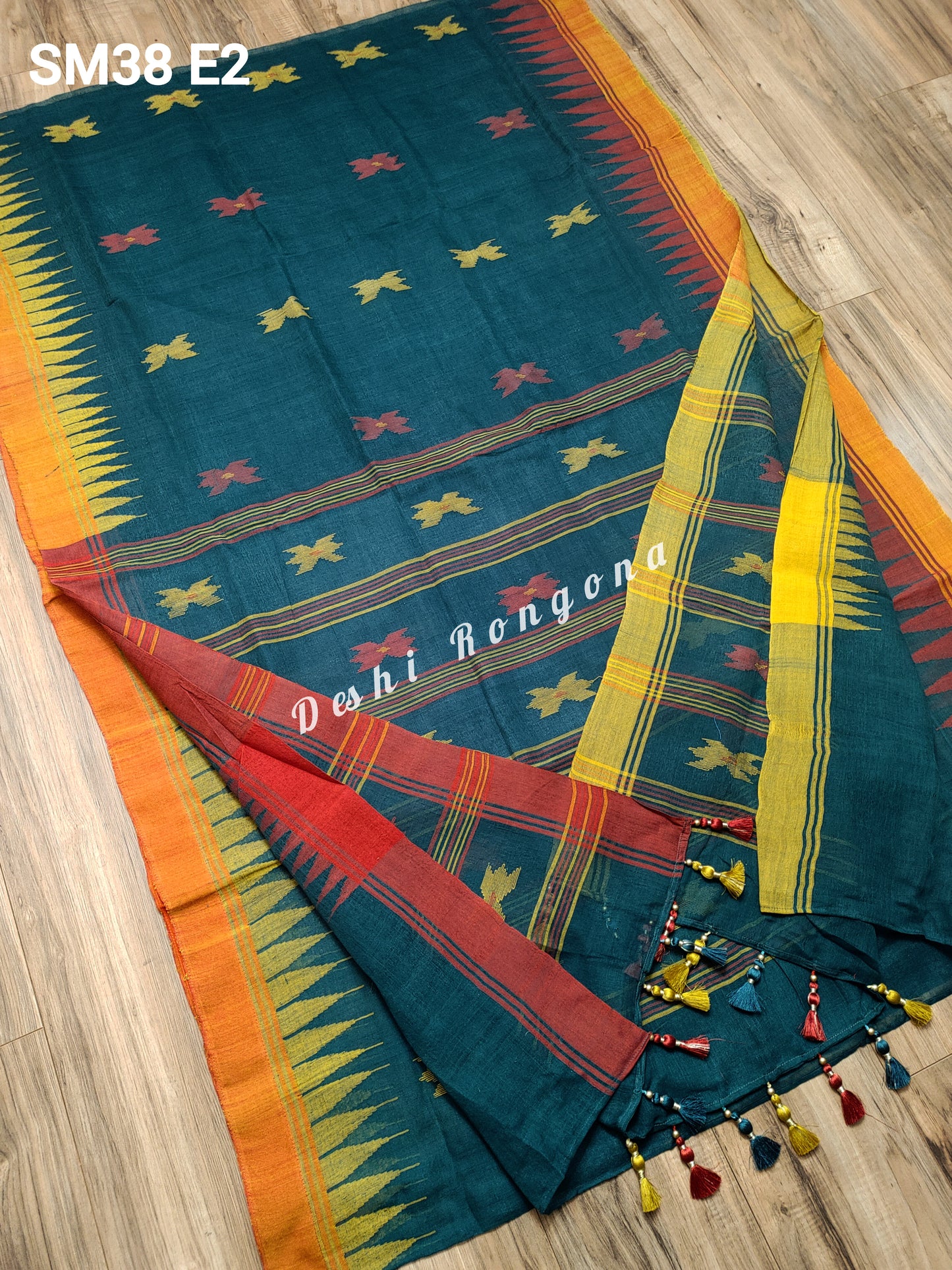 Sylheti Monipuri Handwoven Sea Green Saree with Border