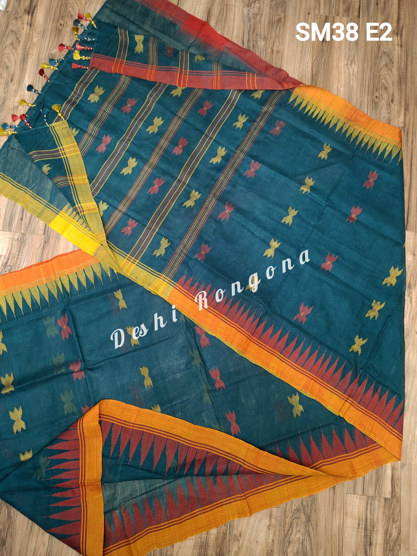Sylheti Monipuri Handwoven Sea Green Saree with Border