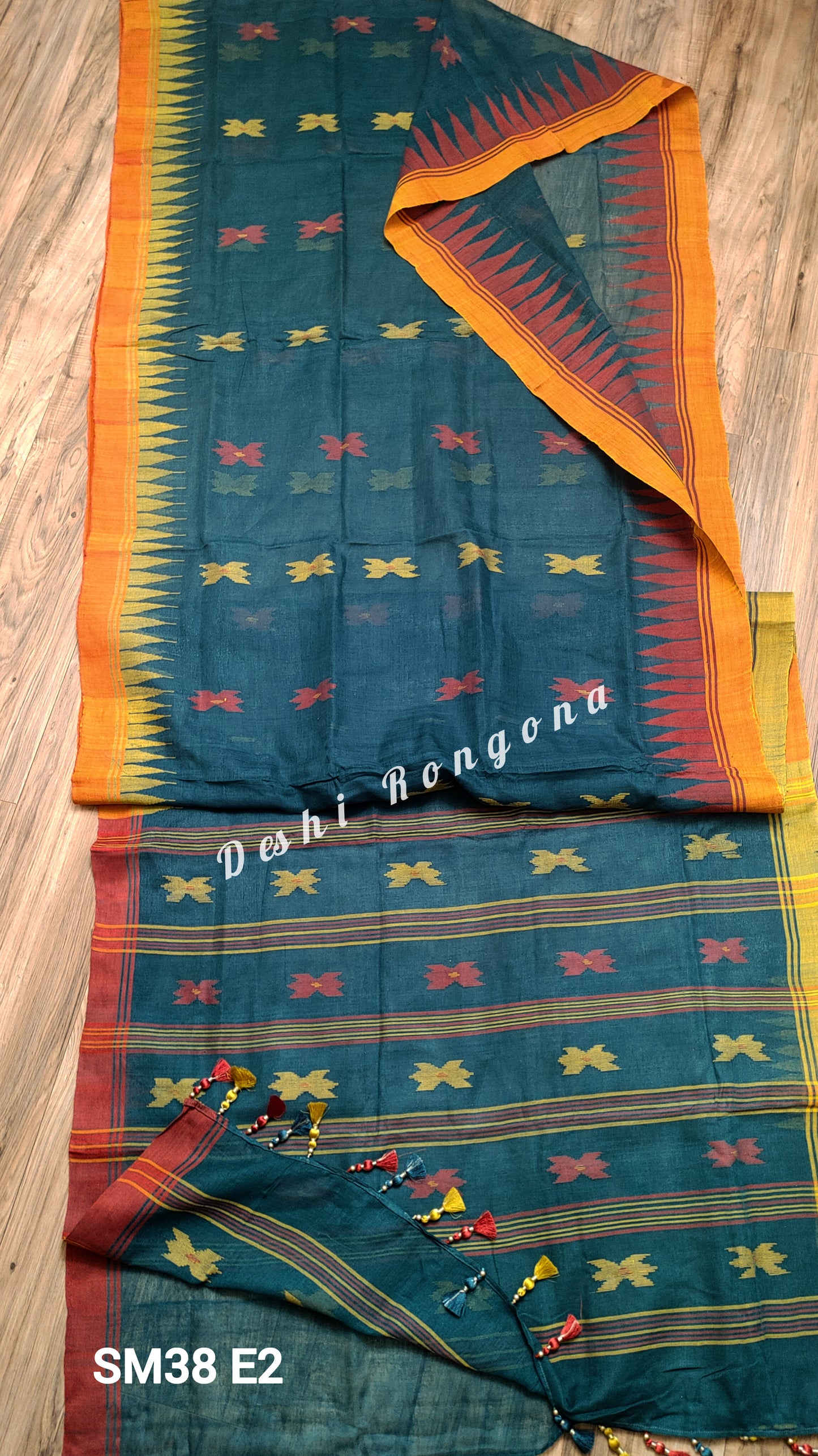 Sylheti Monipuri Handwoven Sea Green Saree with Border