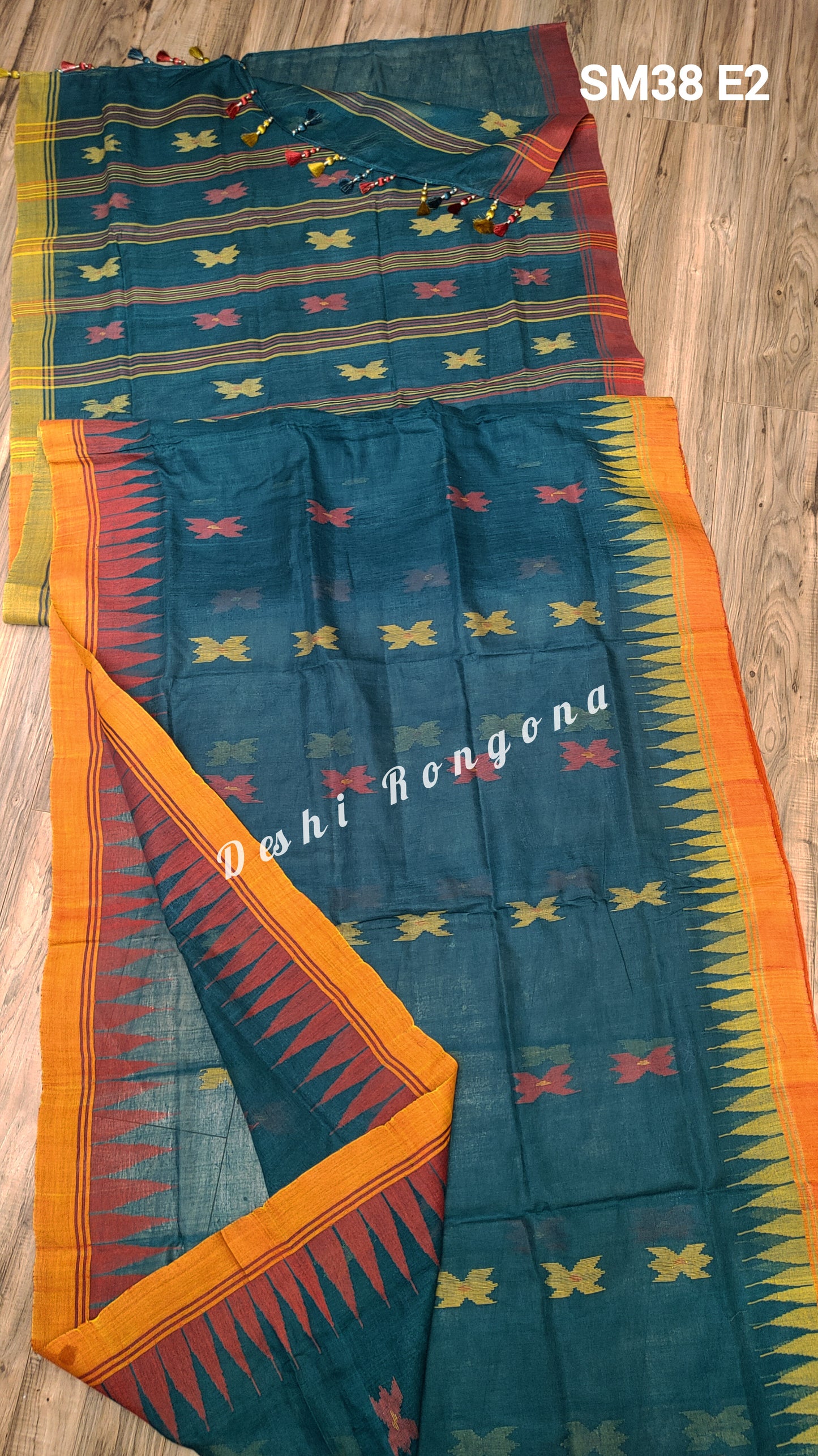 Sylheti Monipuri Handwoven Sea Green Saree with Border