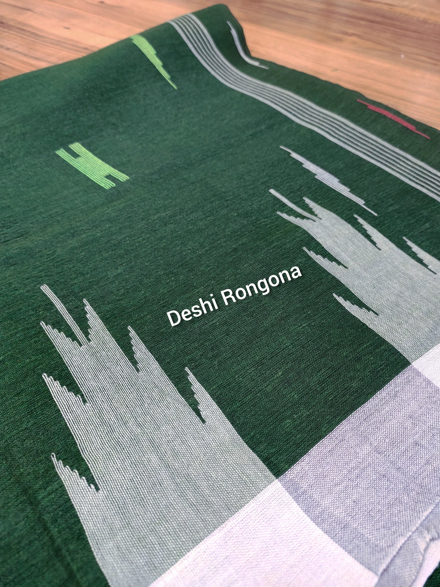 Sylheti Monipuri Handwoven Cotton Saree – Bottle Green & White