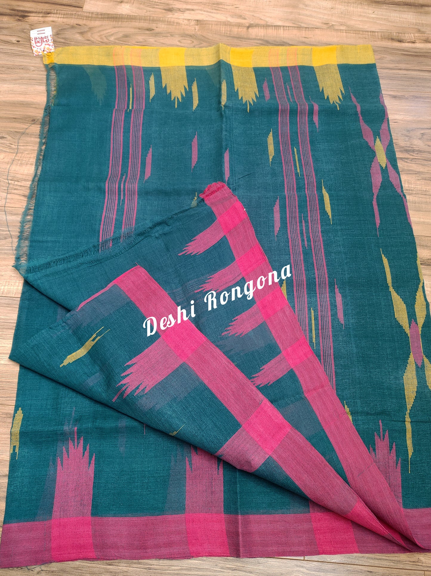 Sylheti Monipuri Soft Cotton Saree – Sea Green & Yellow
