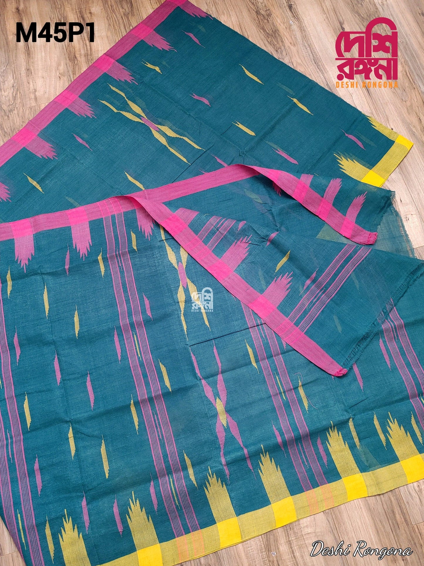 Sylheti Monipuri Soft Cotton Saree – Sea Green & Yellow