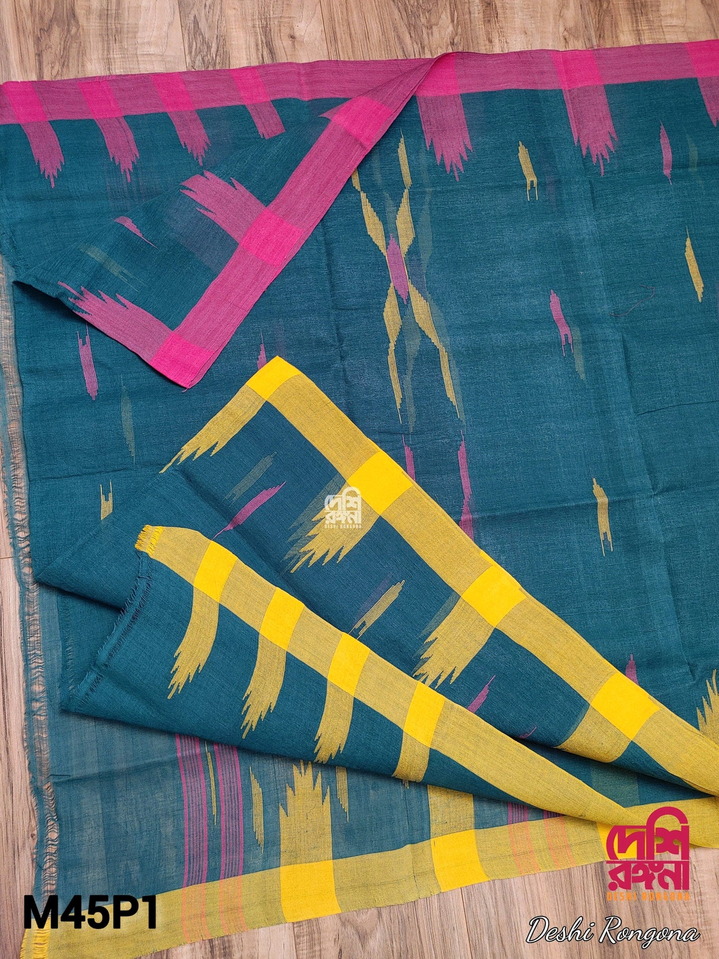 Sylheti Monipuri Soft Cotton Saree – Sea Green & Yellow