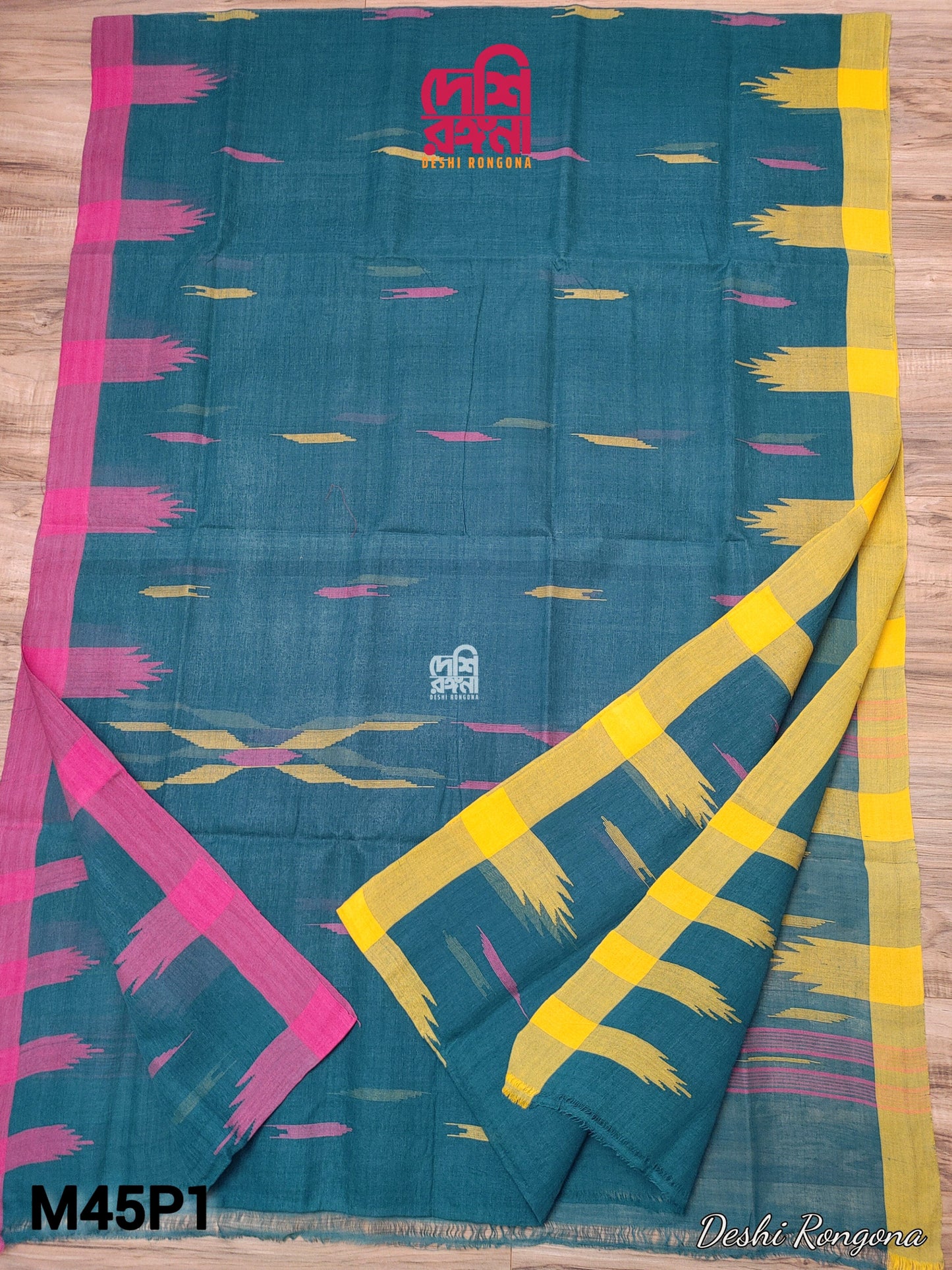Sylheti Monipuri Soft Cotton Saree – Sea Green & Yellow