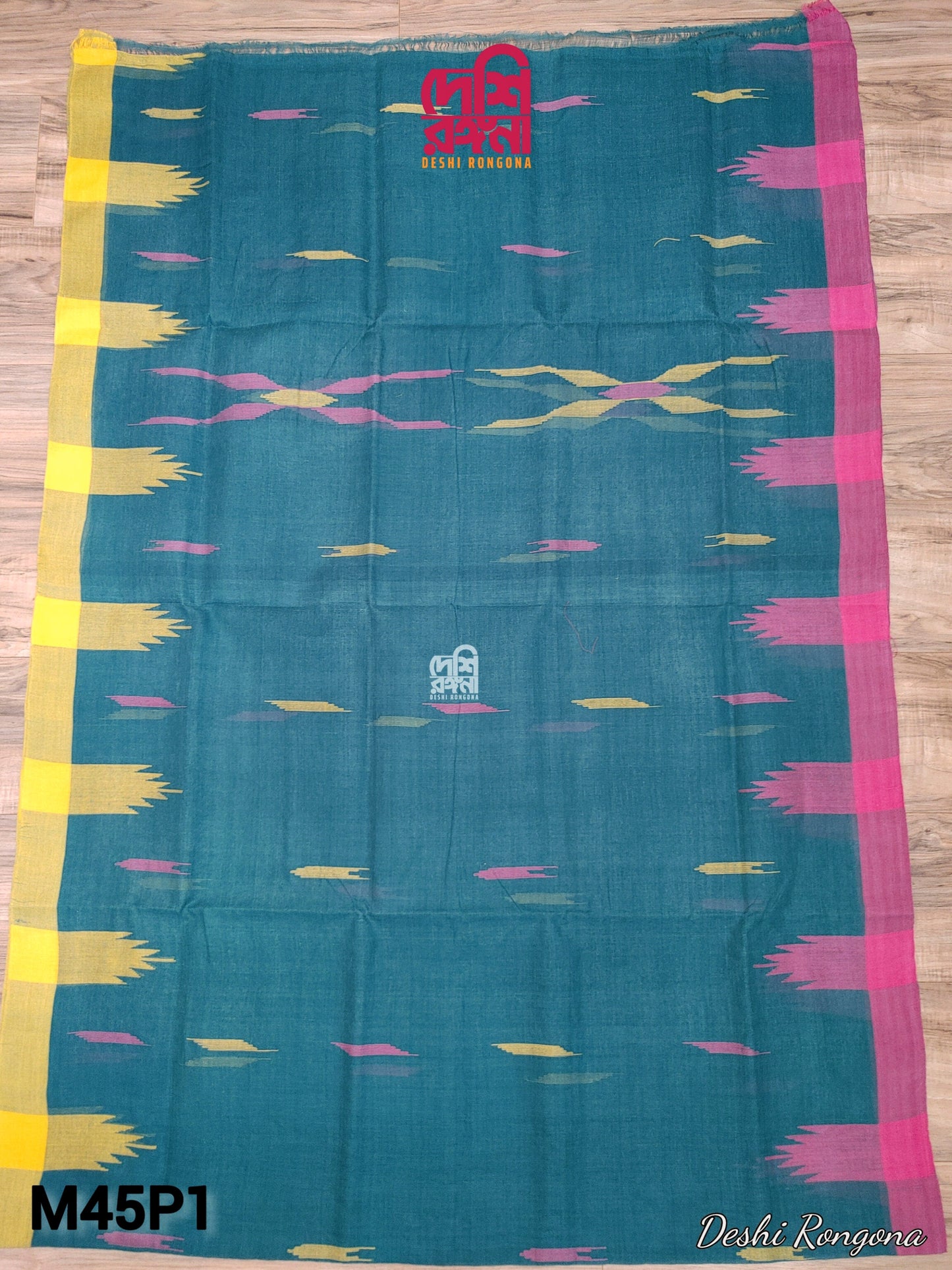 Sylheti Monipuri Soft Cotton Saree – Sea Green & Yellow