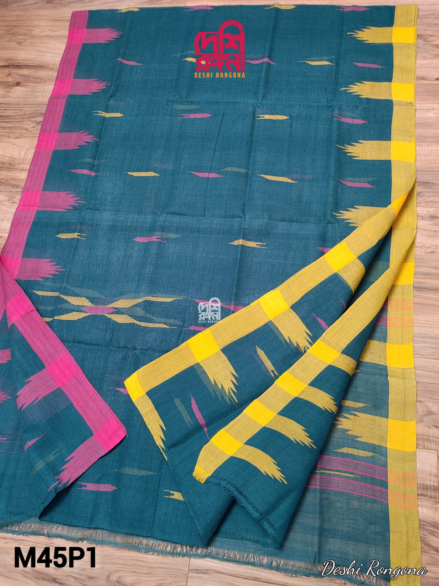 Sylheti Monipuri Soft Cotton Saree – Sea Green & Yellow