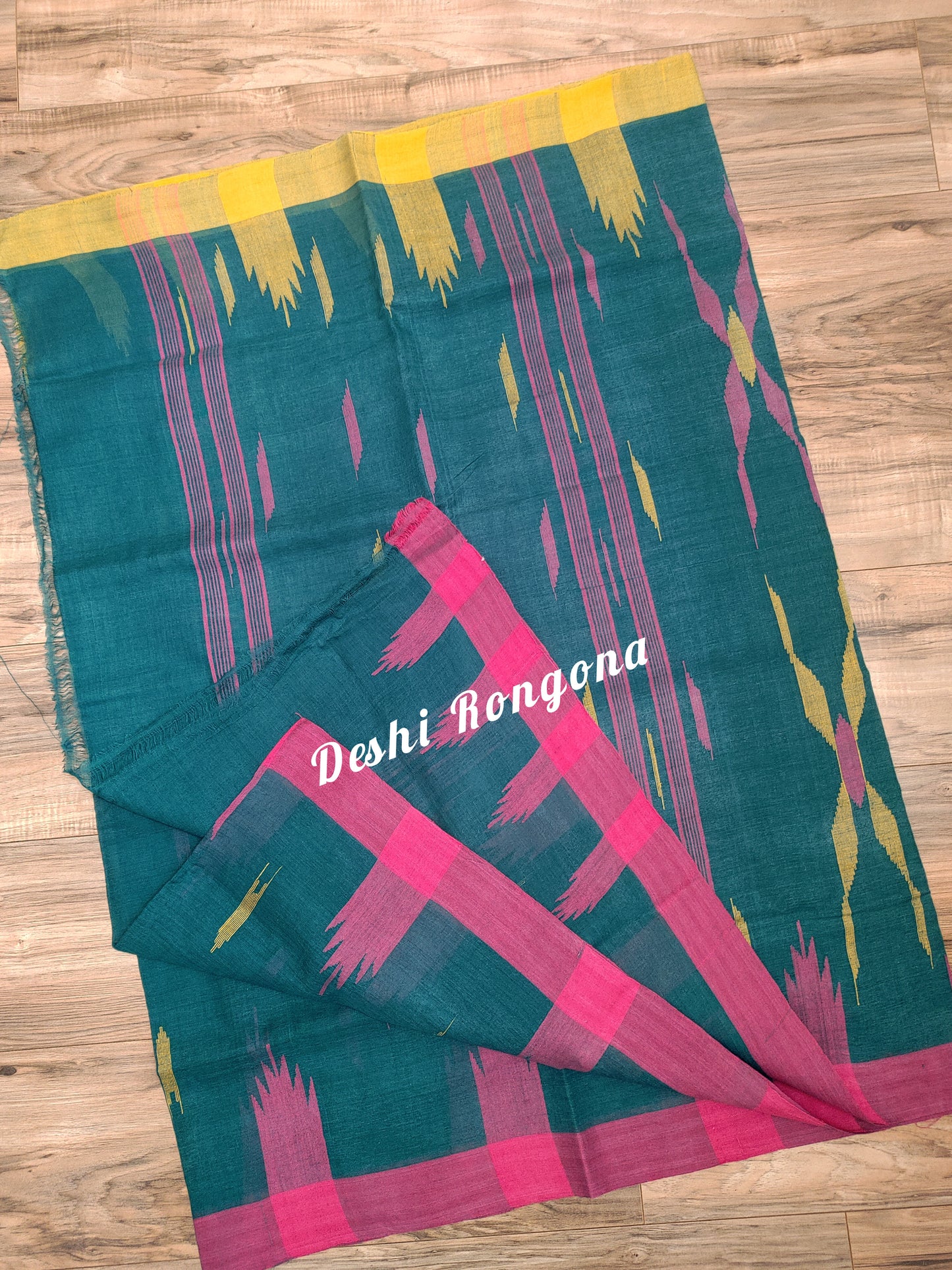 Sylheti Monipuri Soft Cotton Saree – Sea Green & Yellow