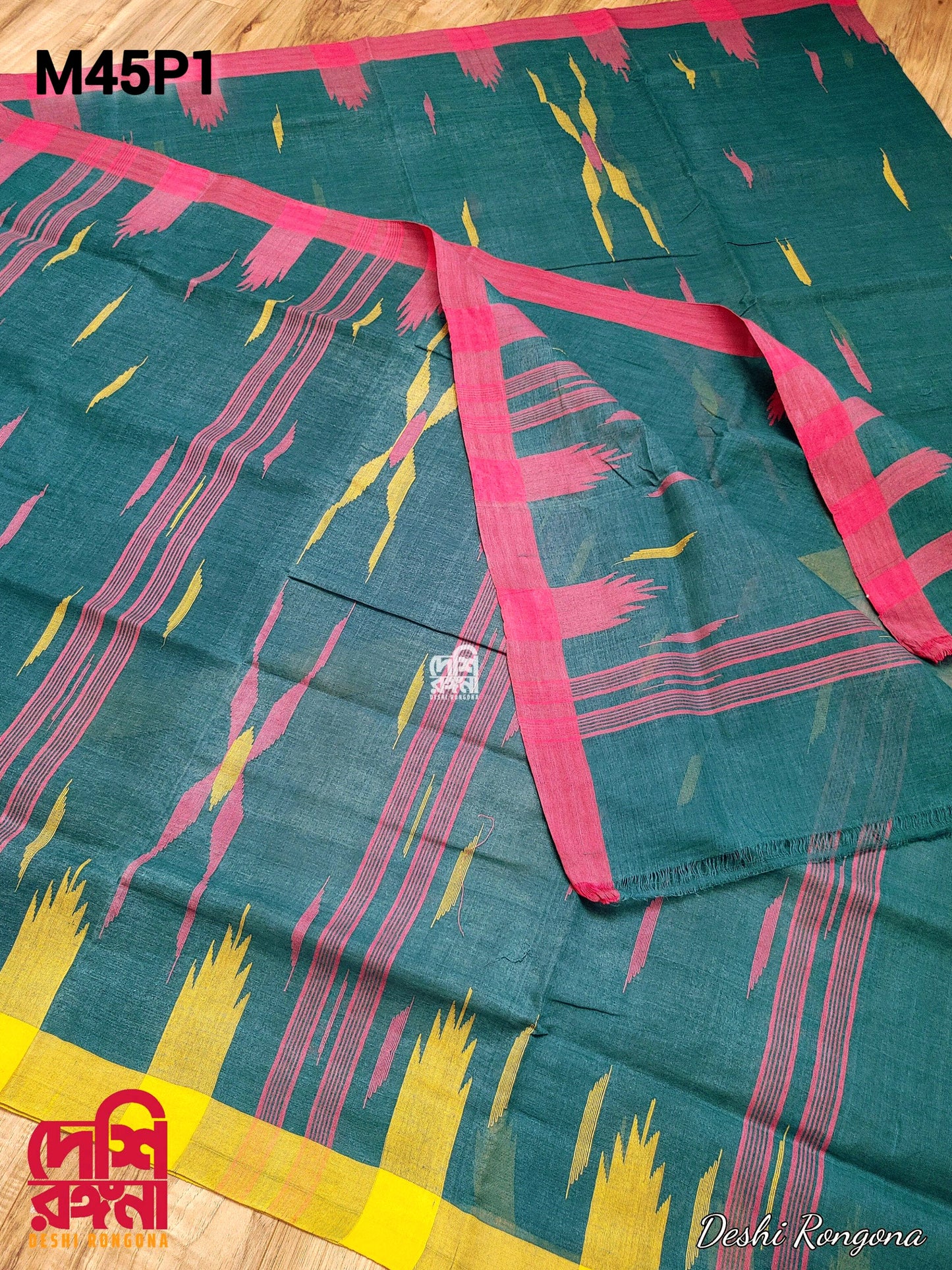 Sylheti Monipuri Soft Cotton Saree – Sea Green & Yellow