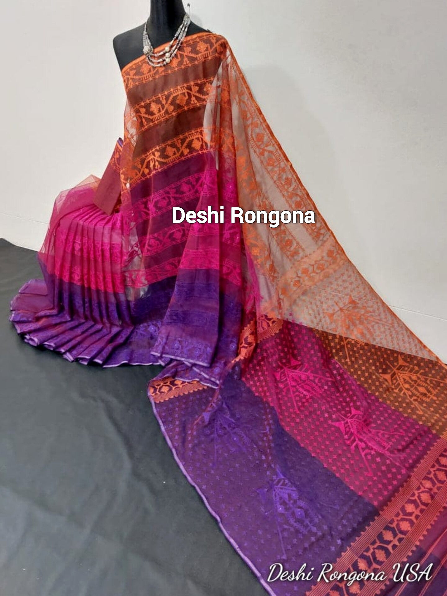 Elegant Magenta Orange Purple Dhakai Jamdani Saree - Handloom Classic
