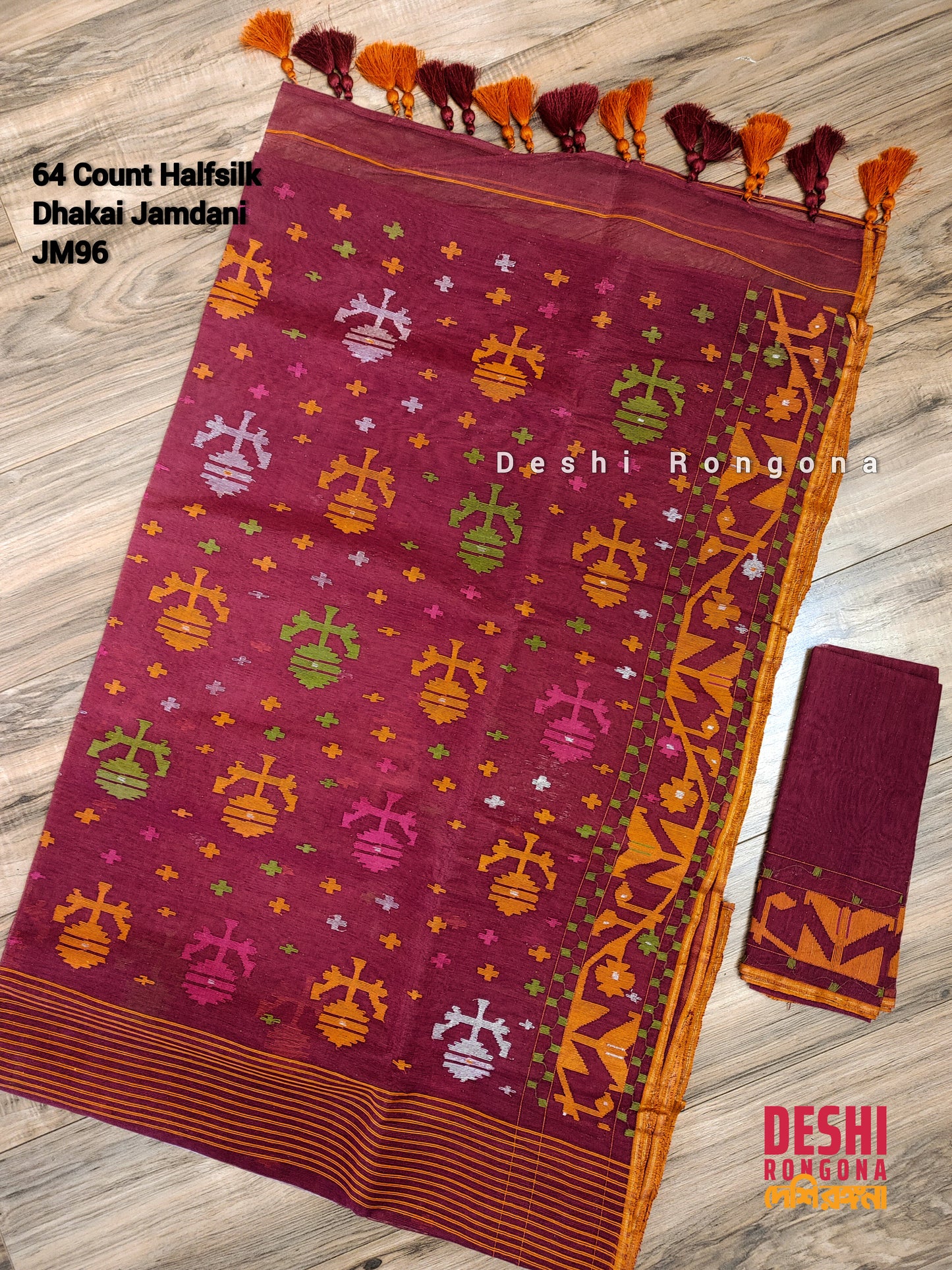 Elegant Original Dhakai Jamdani Saree - Maroon/Orange