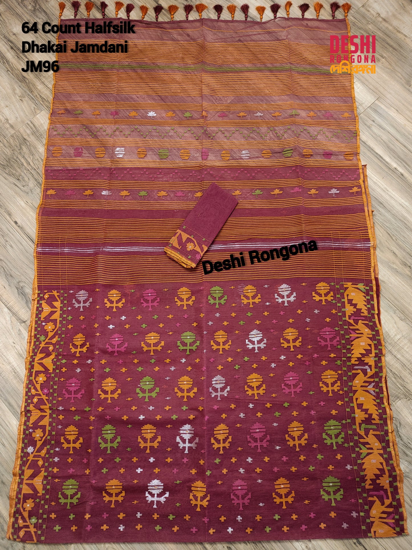 Elegant Original Dhakai Jamdani Saree - Maroon/Orange