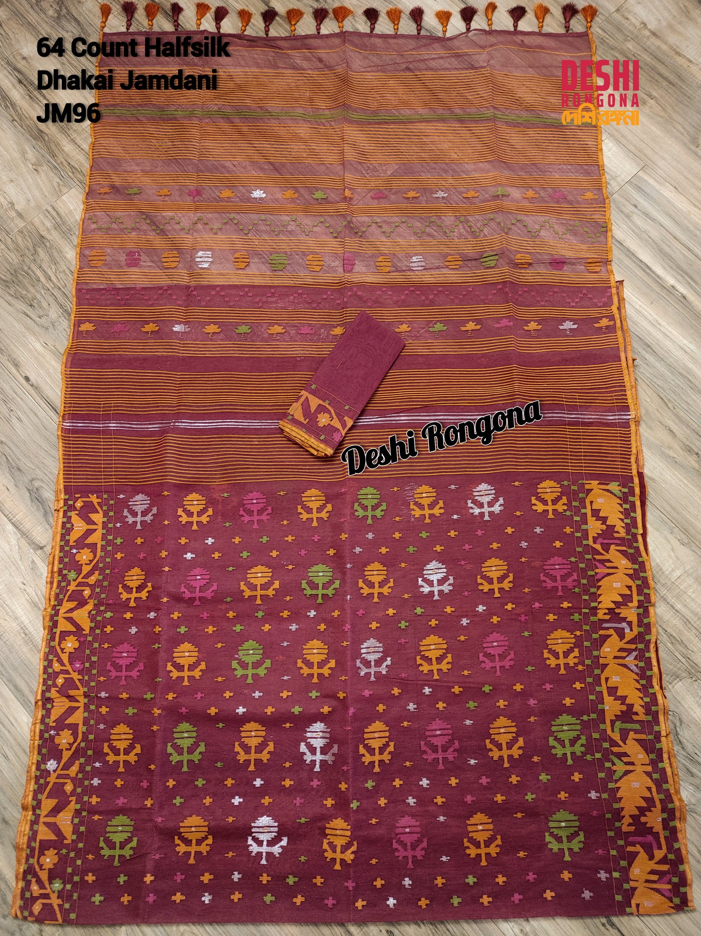 Elegant Original Dhakai Jamdani Saree - Maroon/Orange