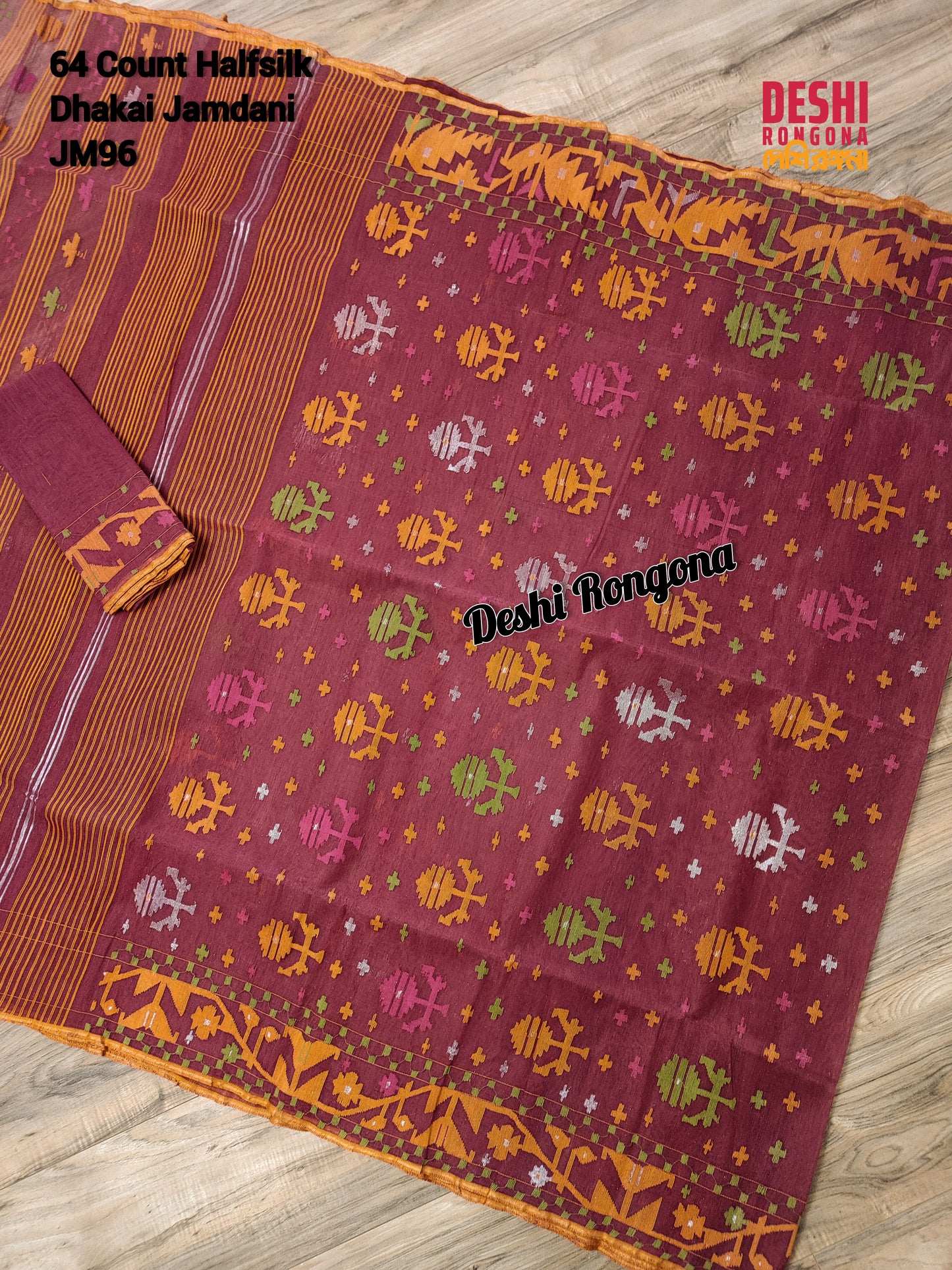 Elegant Original Dhakai Jamdani Saree - Maroon/Orange