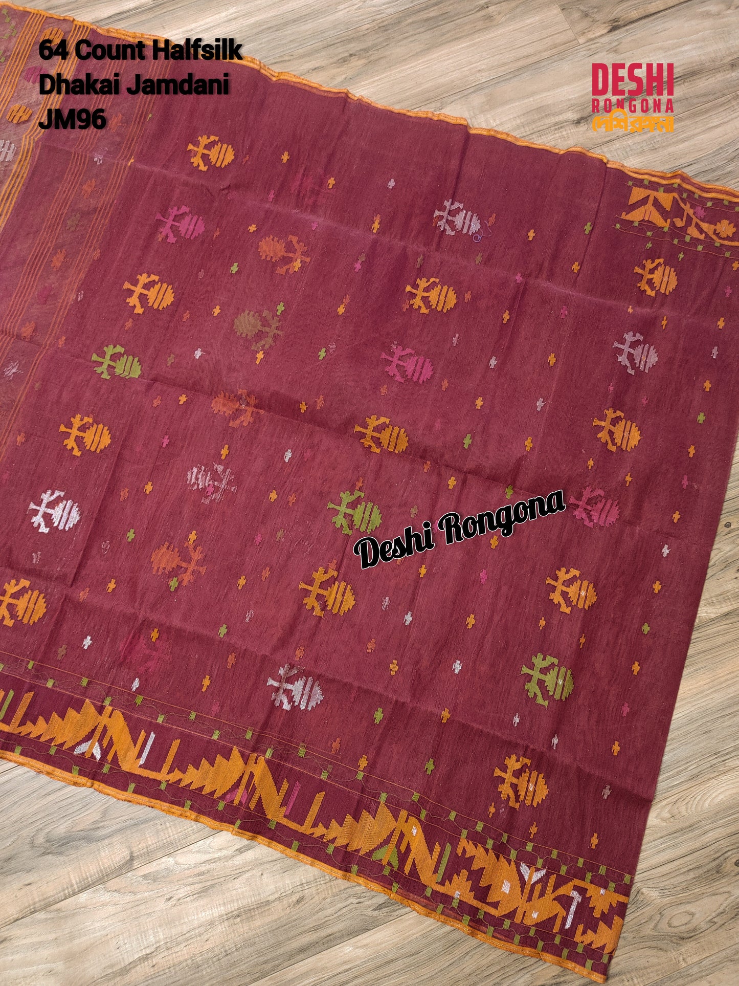 Elegant Original Dhakai Jamdani Saree - Maroon/Orange