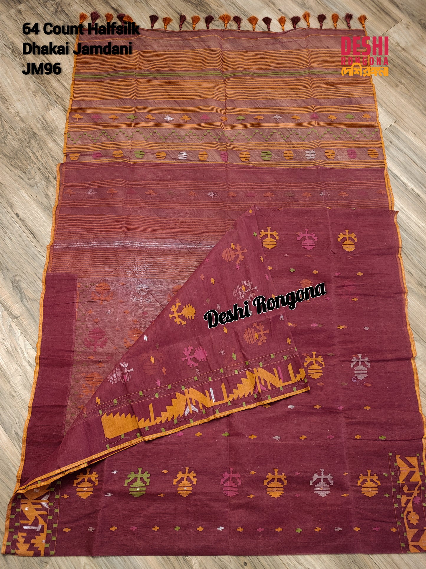 Elegant Original Dhakai Jamdani Saree - Maroon/Orange