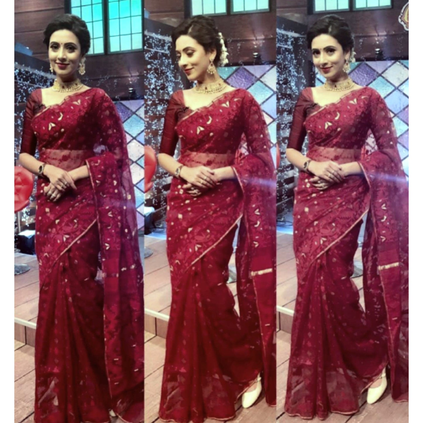 Elegant Maroon Dhakai Jamdani Saree - Handloom Classic