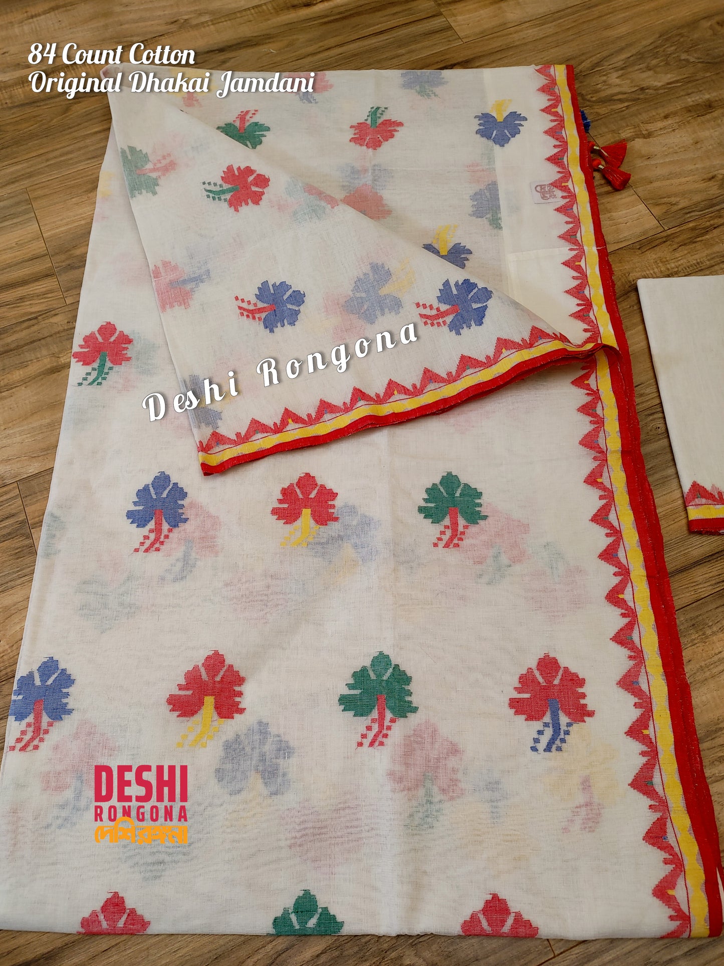 Elegant Pure Cotton Off White Dhakai Jamdani Saree - Hibiscus Theme
