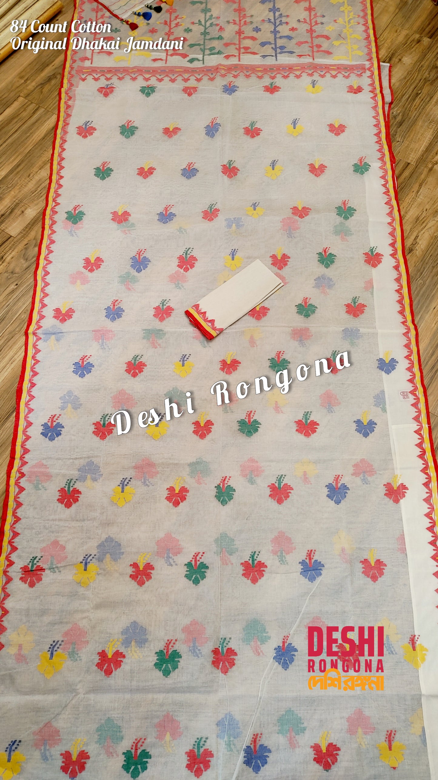 Elegant Pure Cotton Off White Dhakai Jamdani Saree - Hibiscus Theme