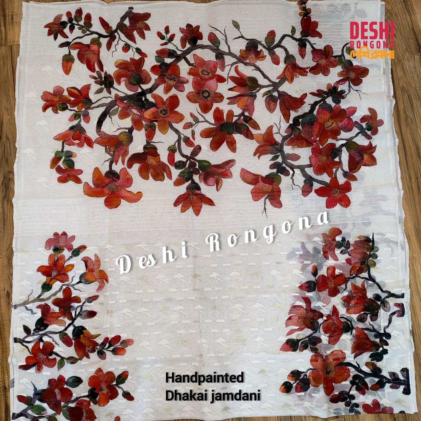 Original Dhakai Jamdani Handpainted, Halfsilk, Red/White Bombax Flower theme Handloom, 64 count thread, Traditional, Elegant, Classy Saree
