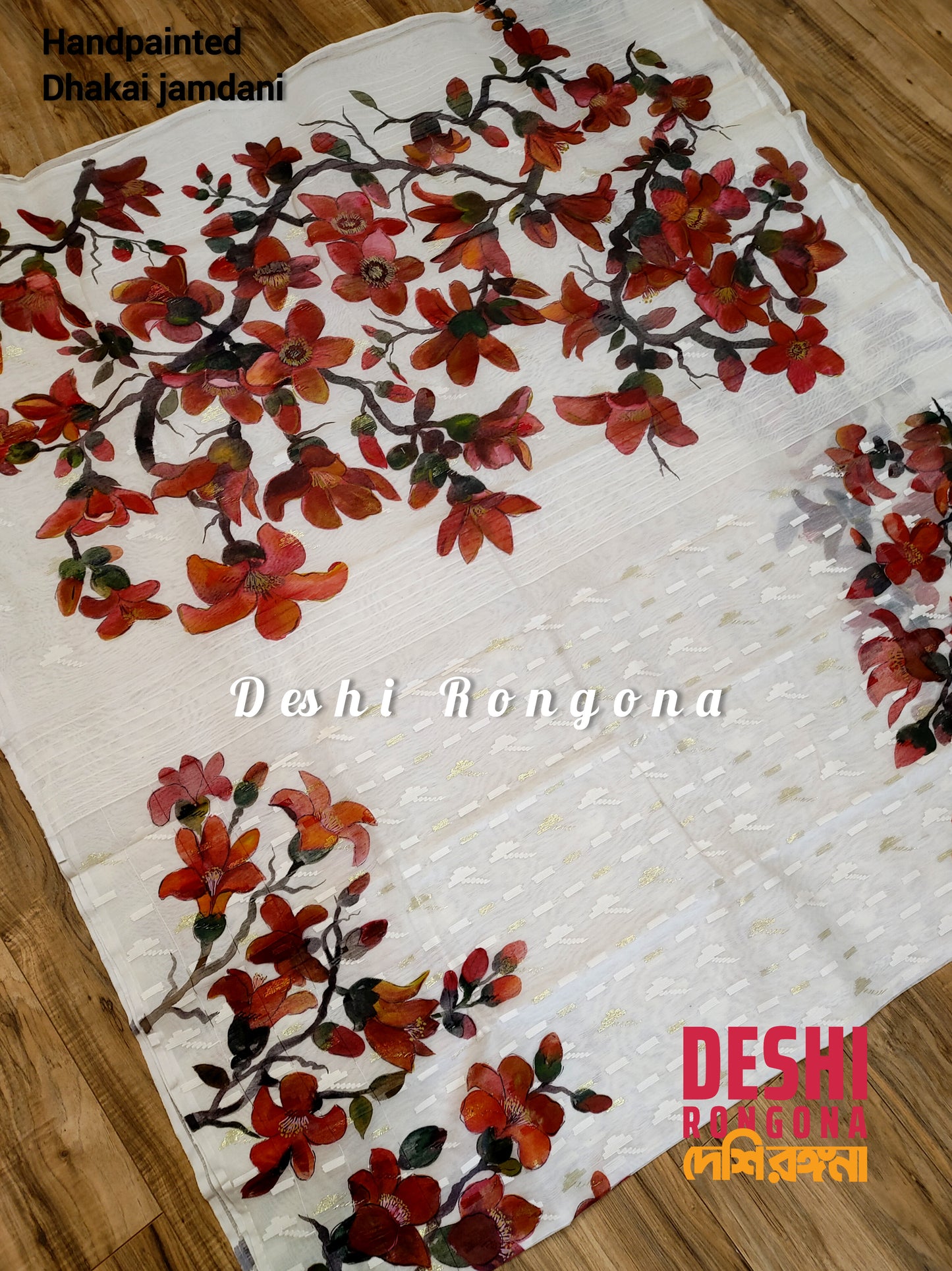 Original Dhakai Jamdani Handpainted, Halfsilk, Red/White Bombax Flower theme Handloom, 64 count thread, Traditional, Elegant, Classy Saree