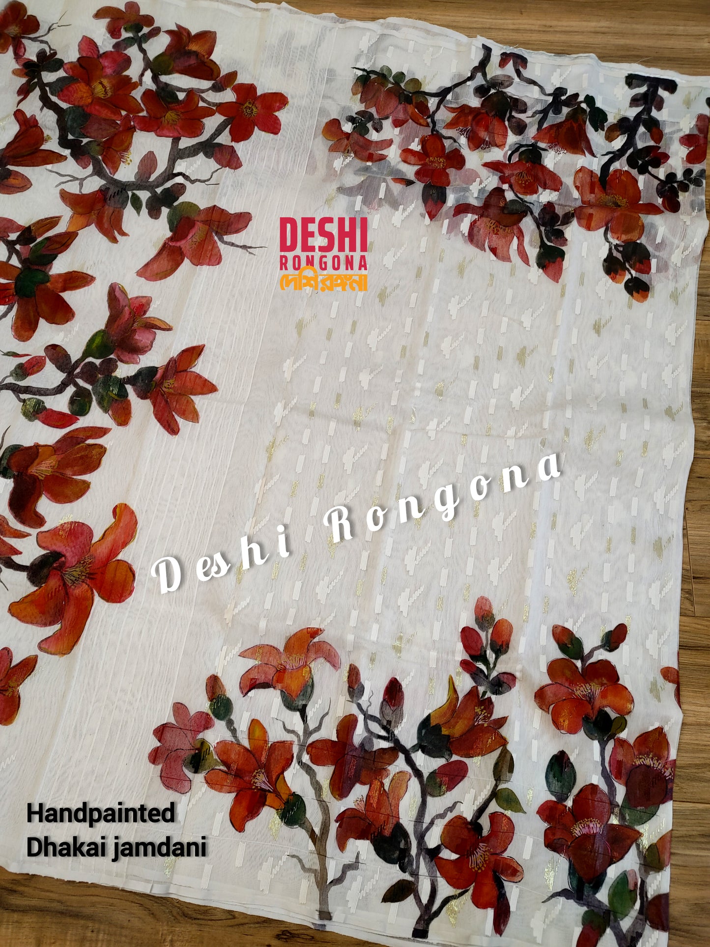 Original Dhakai Jamdani Handpainted, Halfsilk, Red/White Bombax Flower theme Handloom, 64 count thread, Traditional, Elegant, Classy Saree