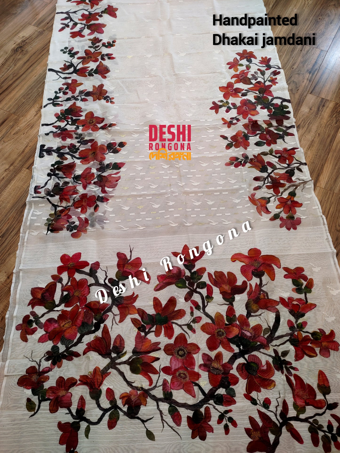 Original Dhakai Jamdani Handpainted, Halfsilk, Red/White Bombax Flower theme Handloom, 64 count thread, Traditional, Elegant, Classy Saree