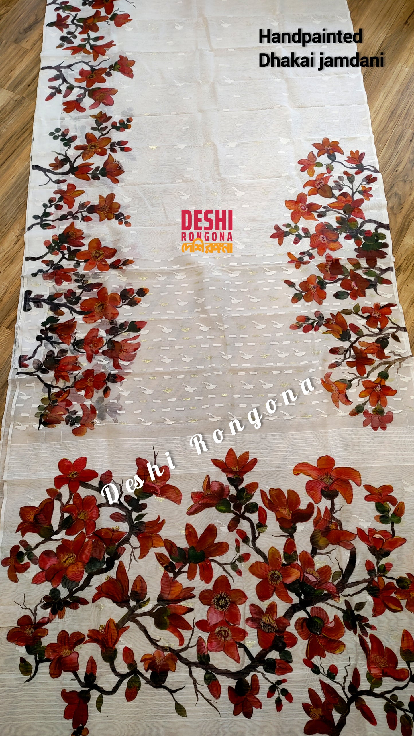 Original Dhakai Jamdani Handpainted, Halfsilk, Red/White Bombax Flower theme Handloom, 64 count thread, Traditional, Elegant, Classy Saree