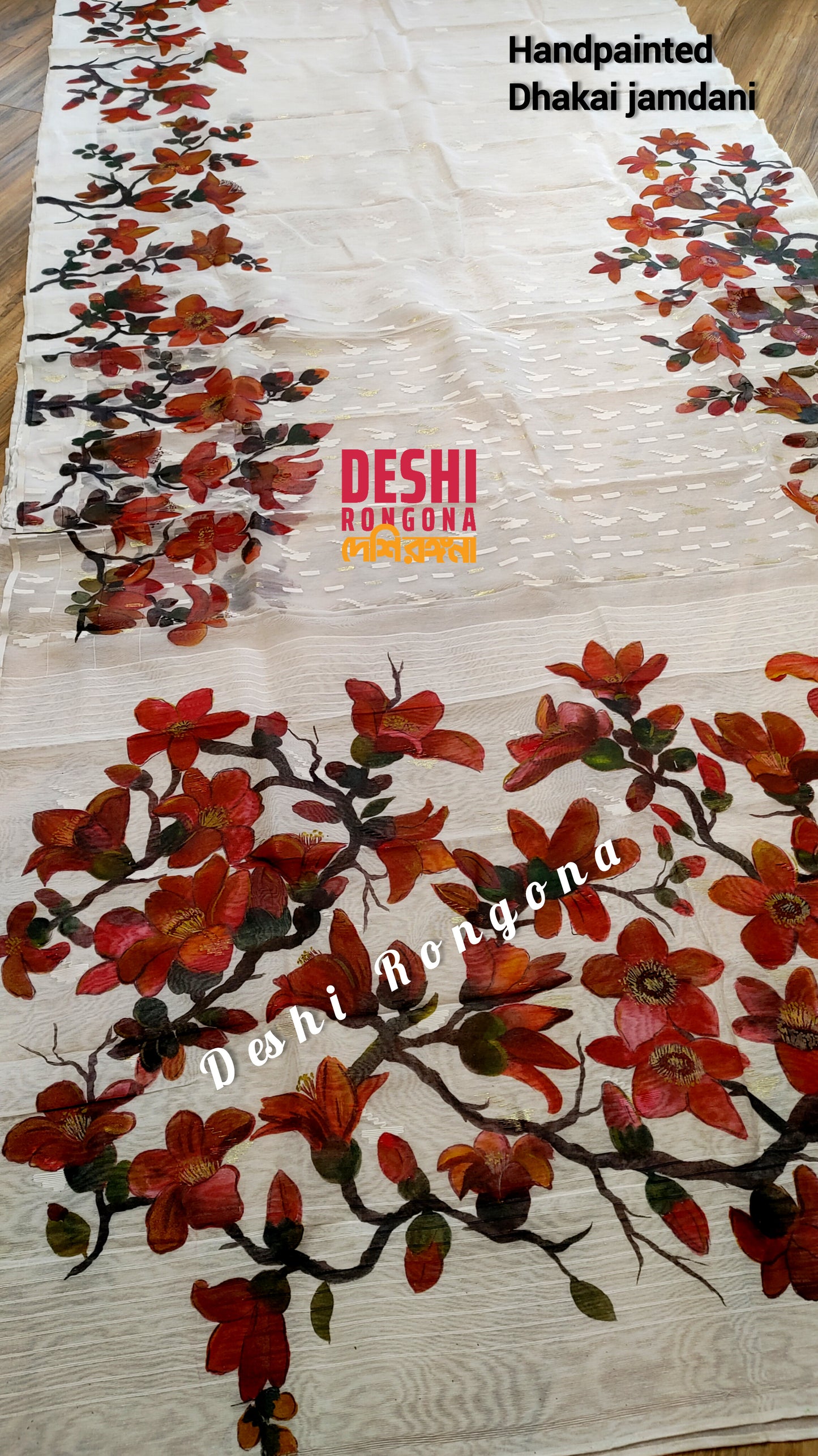 Original Dhakai Jamdani Handpainted, Halfsilk, Red/White Bombax Flower theme Handloom, 64 count thread, Traditional, Elegant, Classy Saree