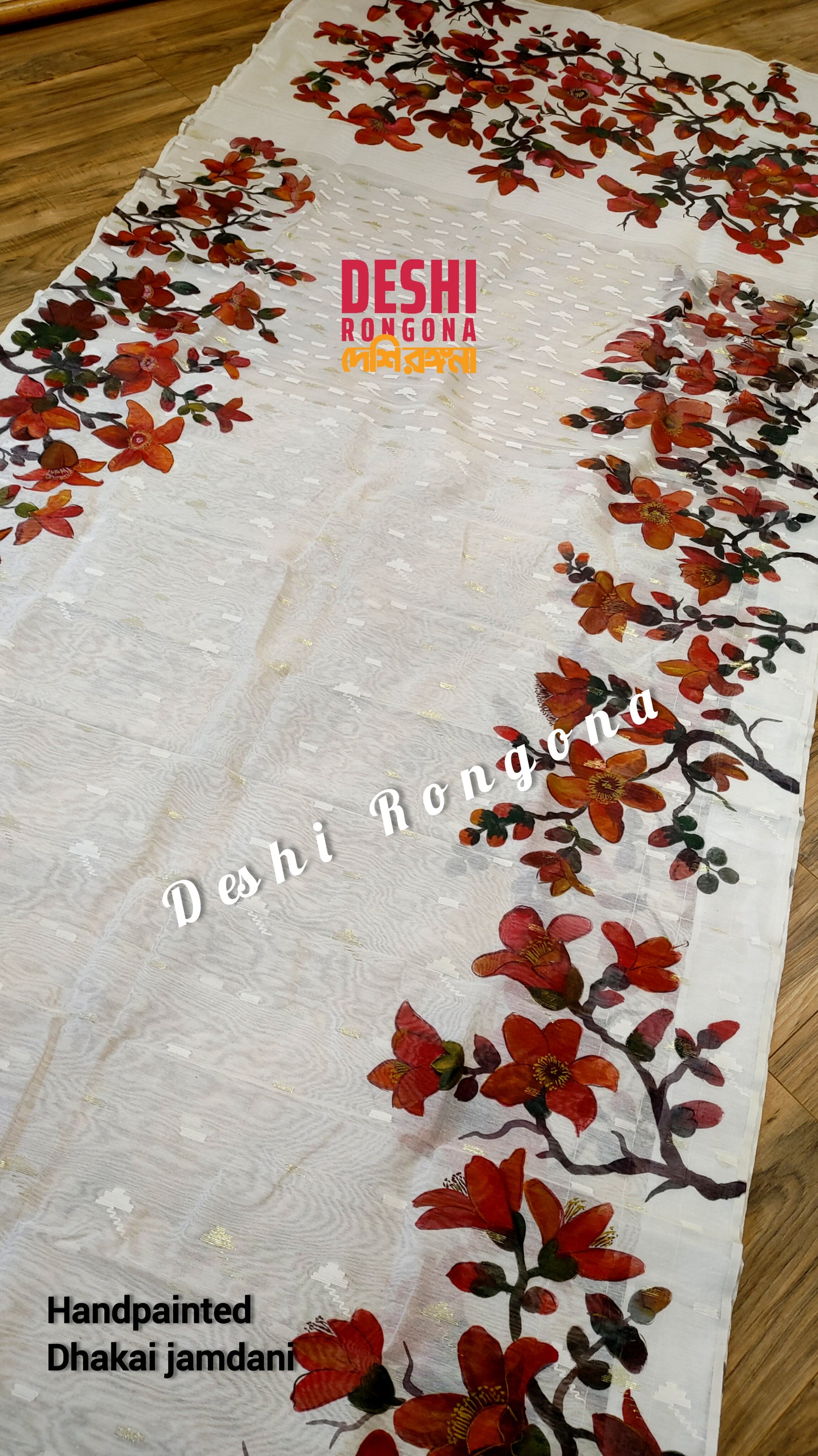 Original Dhakai Jamdani Handpainted, Halfsilk, Red/White Bombax Flower theme Handloom, 64 count thread, Traditional, Elegant, Classy Saree