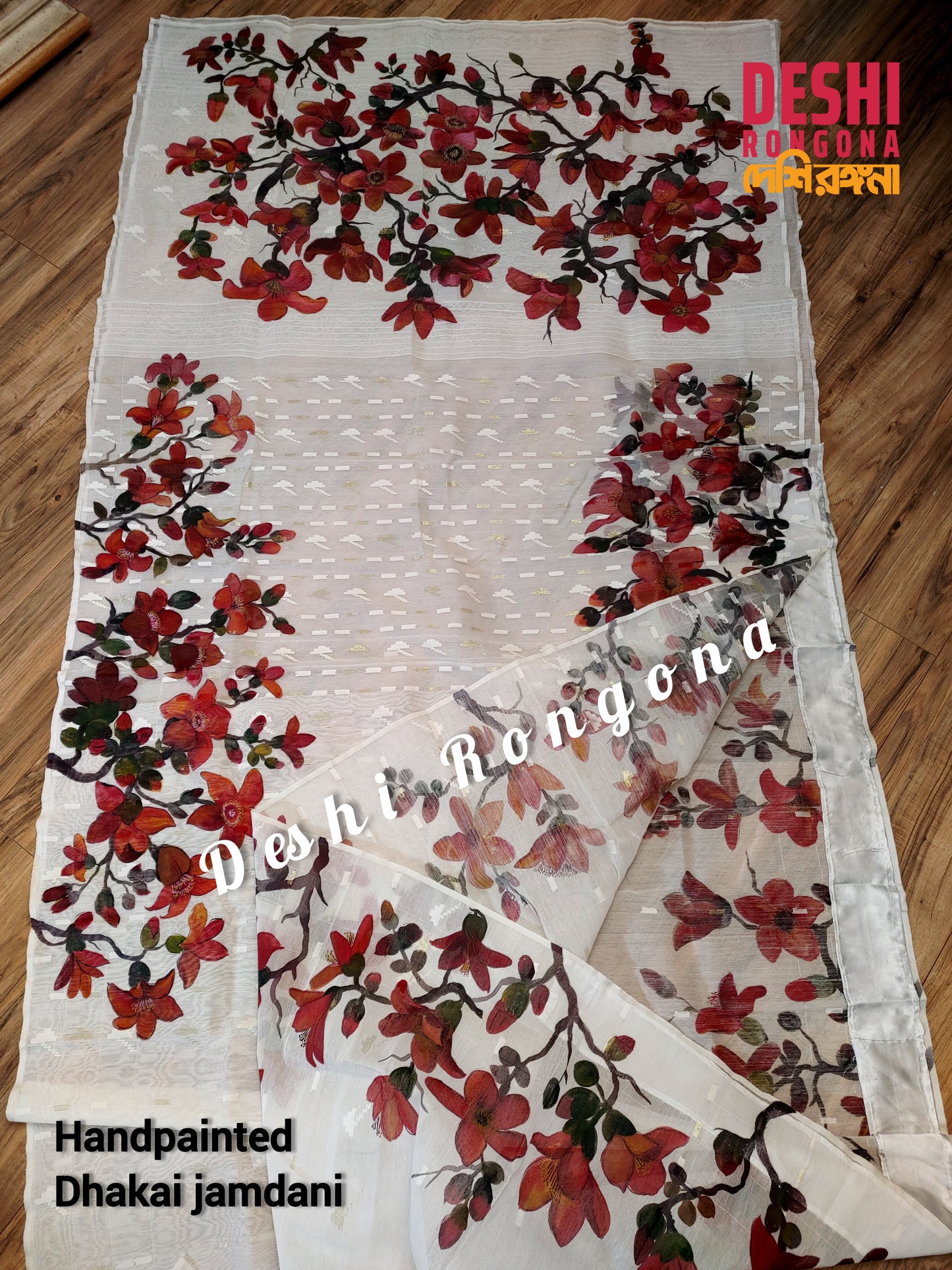 Original Dhakai Jamdani Handpainted, Halfsilk, Red/White Bombax Flower theme Handloom, 64 count thread, Traditional, Elegant, Classy Saree