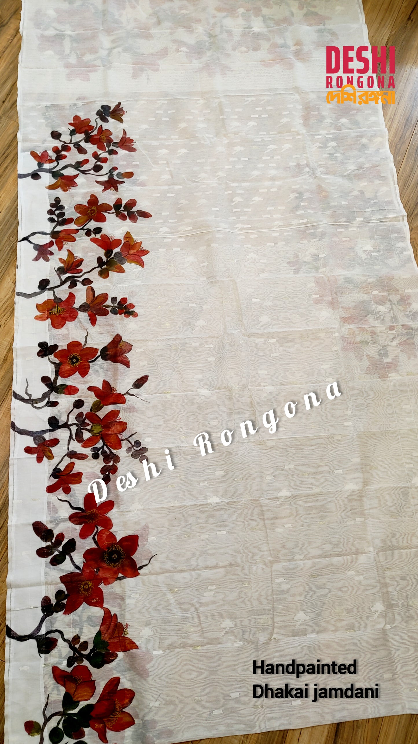 Original Dhakai Jamdani Handpainted, Halfsilk, Red/White Bombax Flower theme Handloom, 64 count thread, Traditional, Elegant, Classy Saree