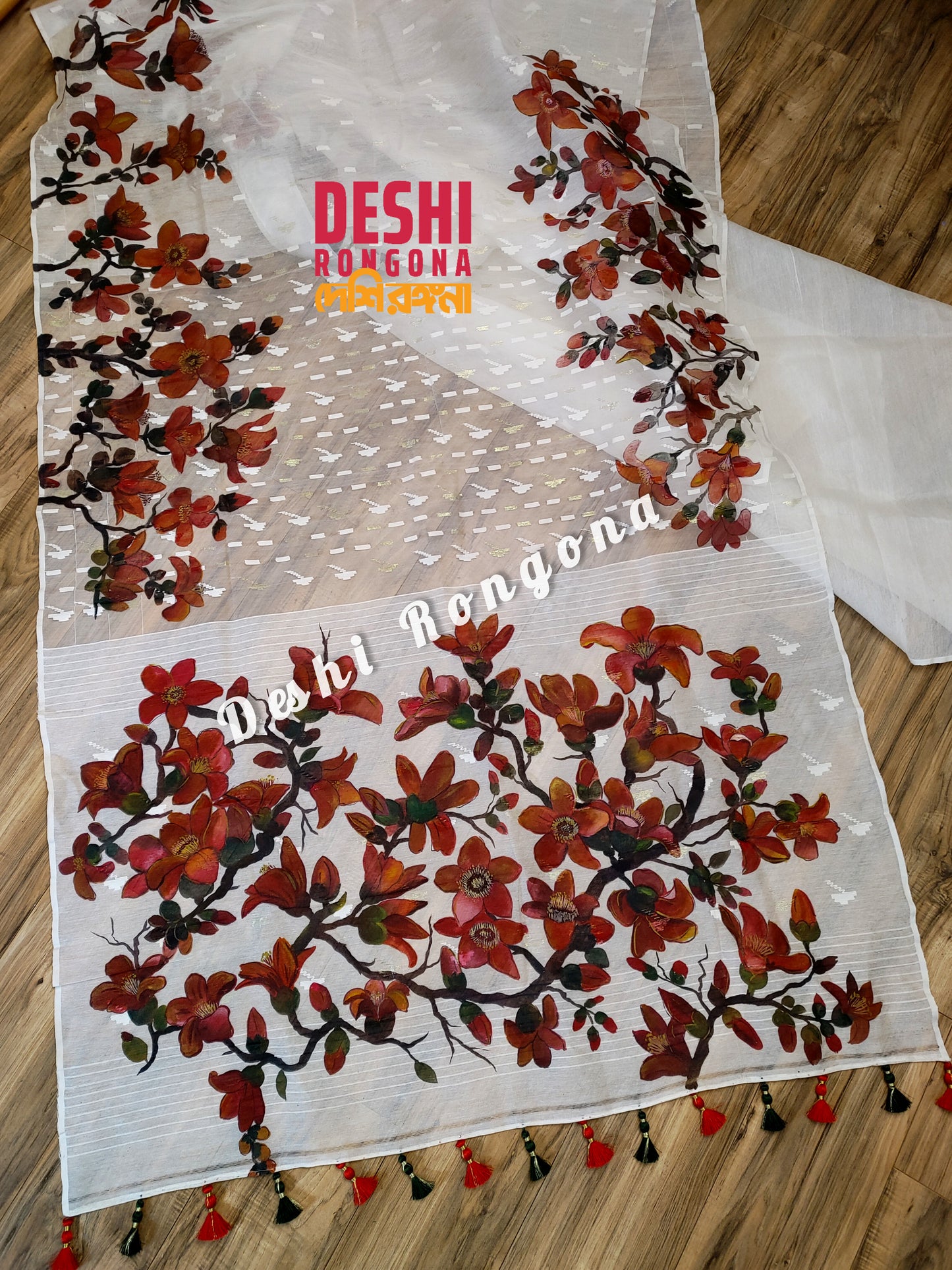 Original Dhakai Jamdani Handpainted, Halfsilk, Red/White Bombax Flower theme Handloom, 64 count thread, Traditional, Elegant, Classy Saree