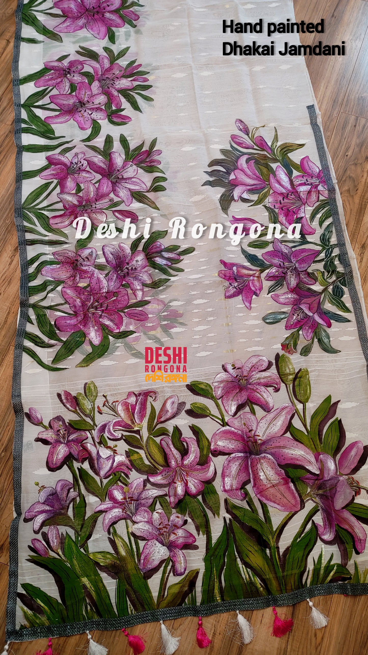 Handpainted Jamdani, Original Dhakai Saree | Pink Lily Theme
