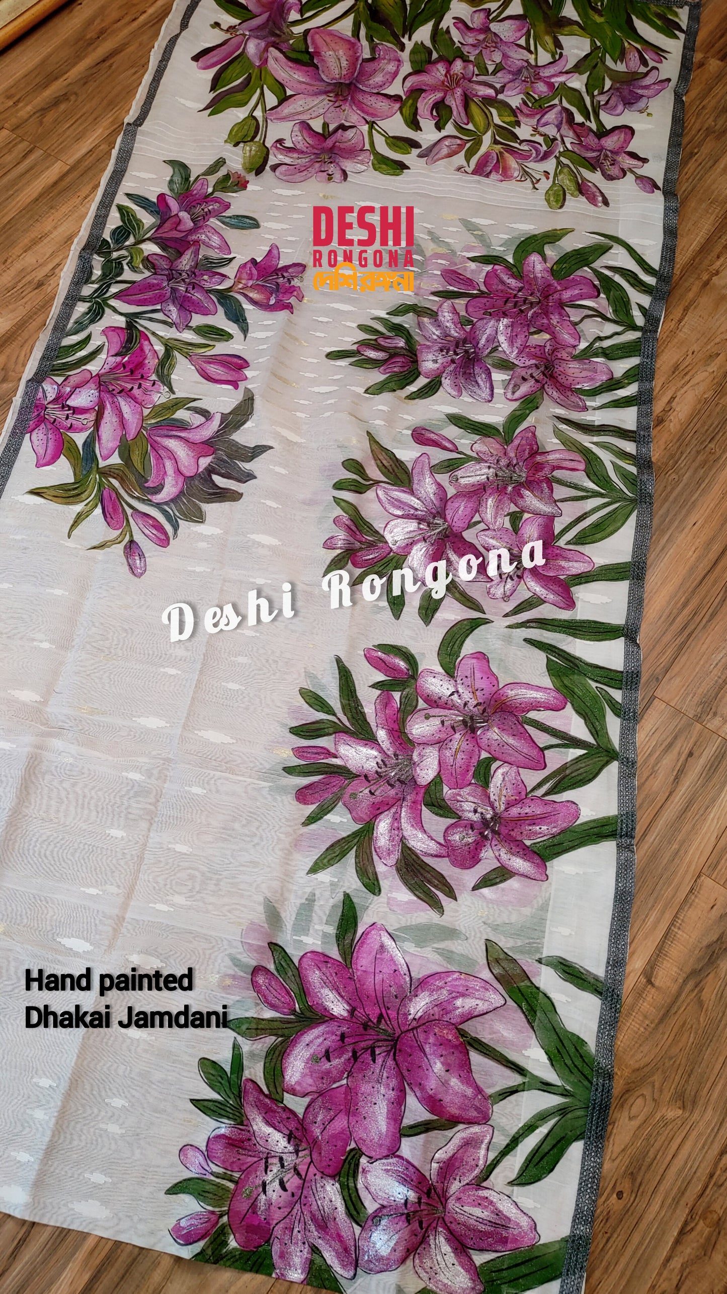 Handpainted Jamdani, Original Dhakai Saree | Pink Lily Theme