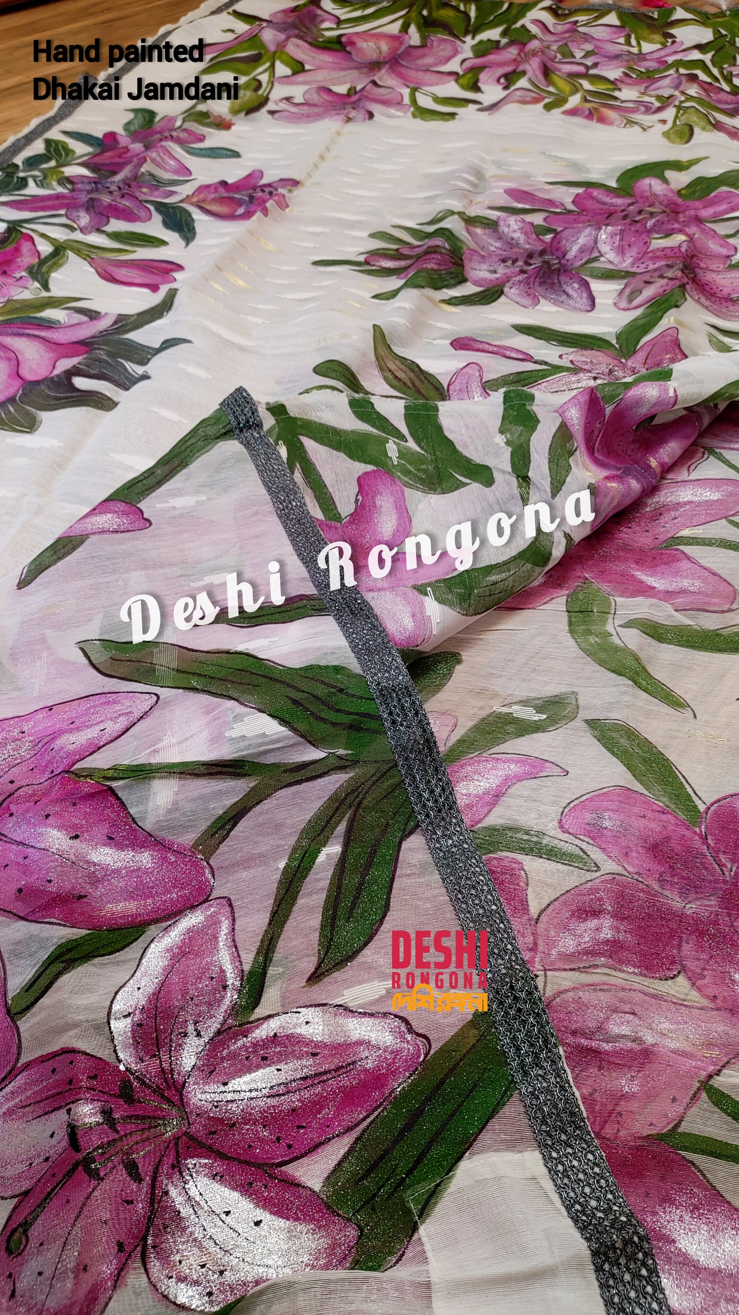 Handpainted Jamdani, Original Dhakai Saree | Pink Lily Theme