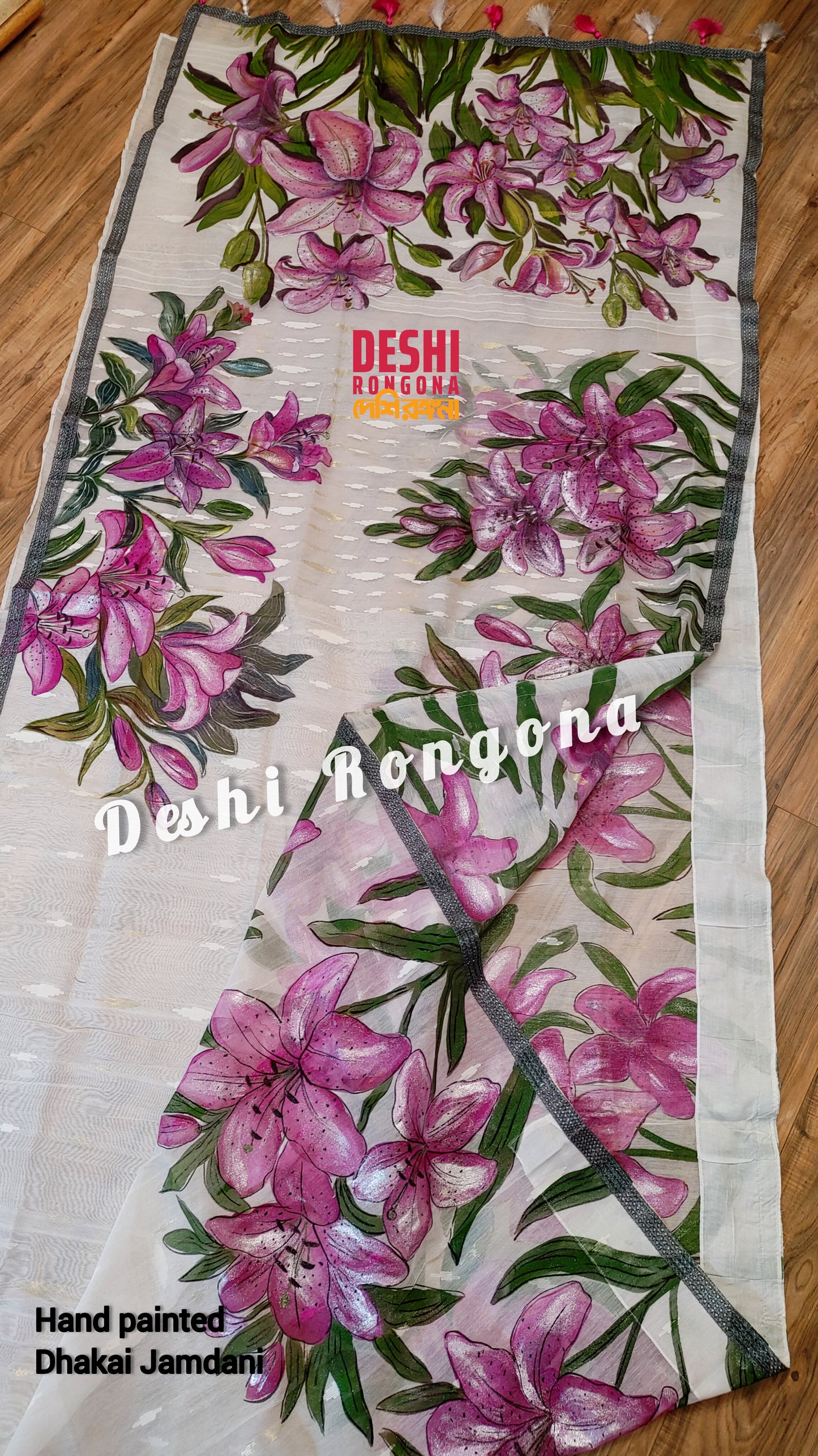 Handpainted Jamdani, Original Dhakai Saree | Pink Lily Theme